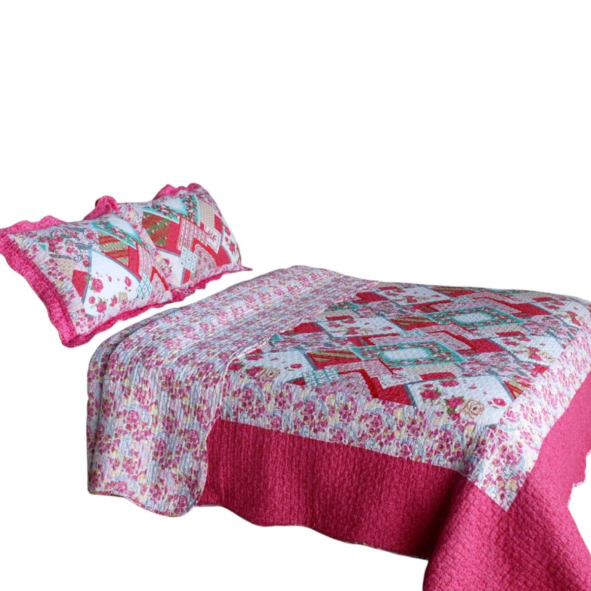 Slickblue 3-Piece Pink Full/Queen Cotton Floral Printed Quilt Set for Bedroom Bedding with Vermicelli Quilting and 2 Shams