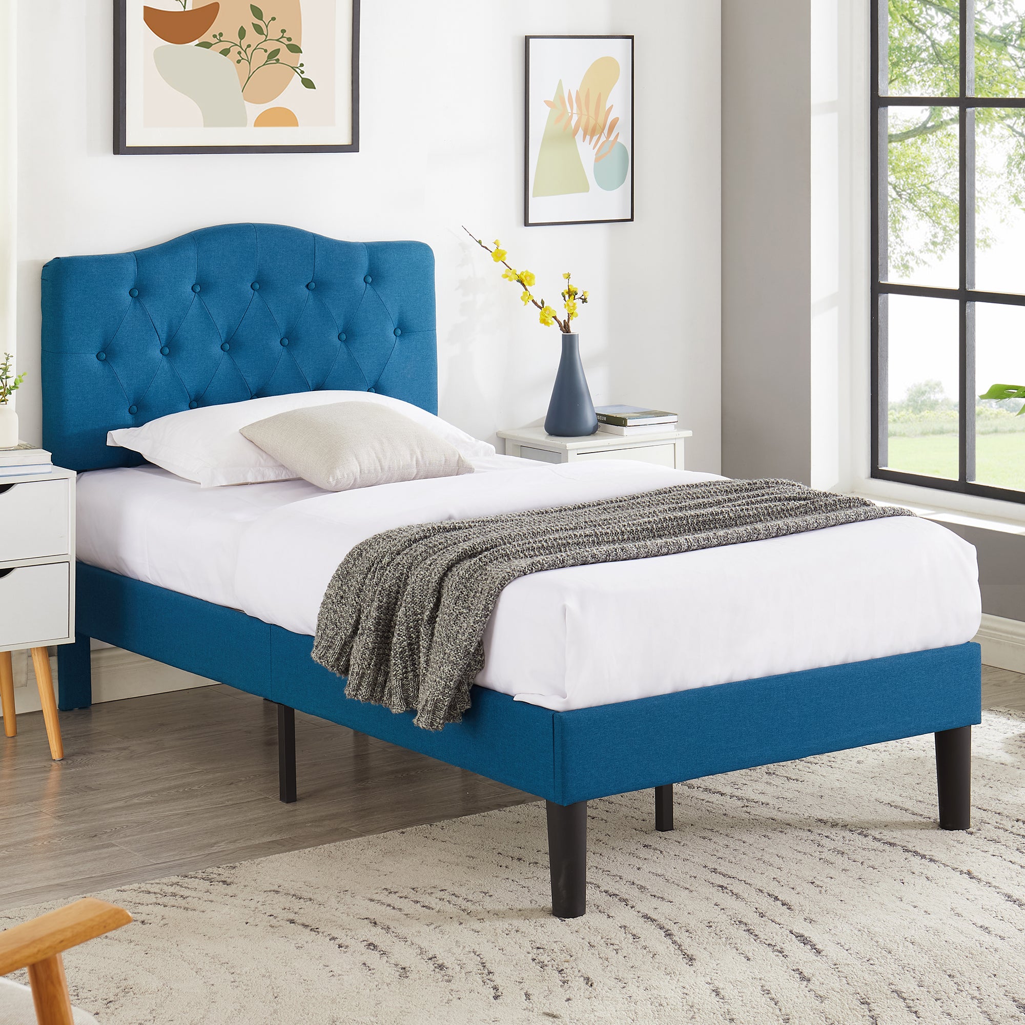 Vecelo LOE-BTJ-RT04-BLU Twin Size Bed Frame Upholstered Platform with Adjustable Headboard Easy Assembly Blue