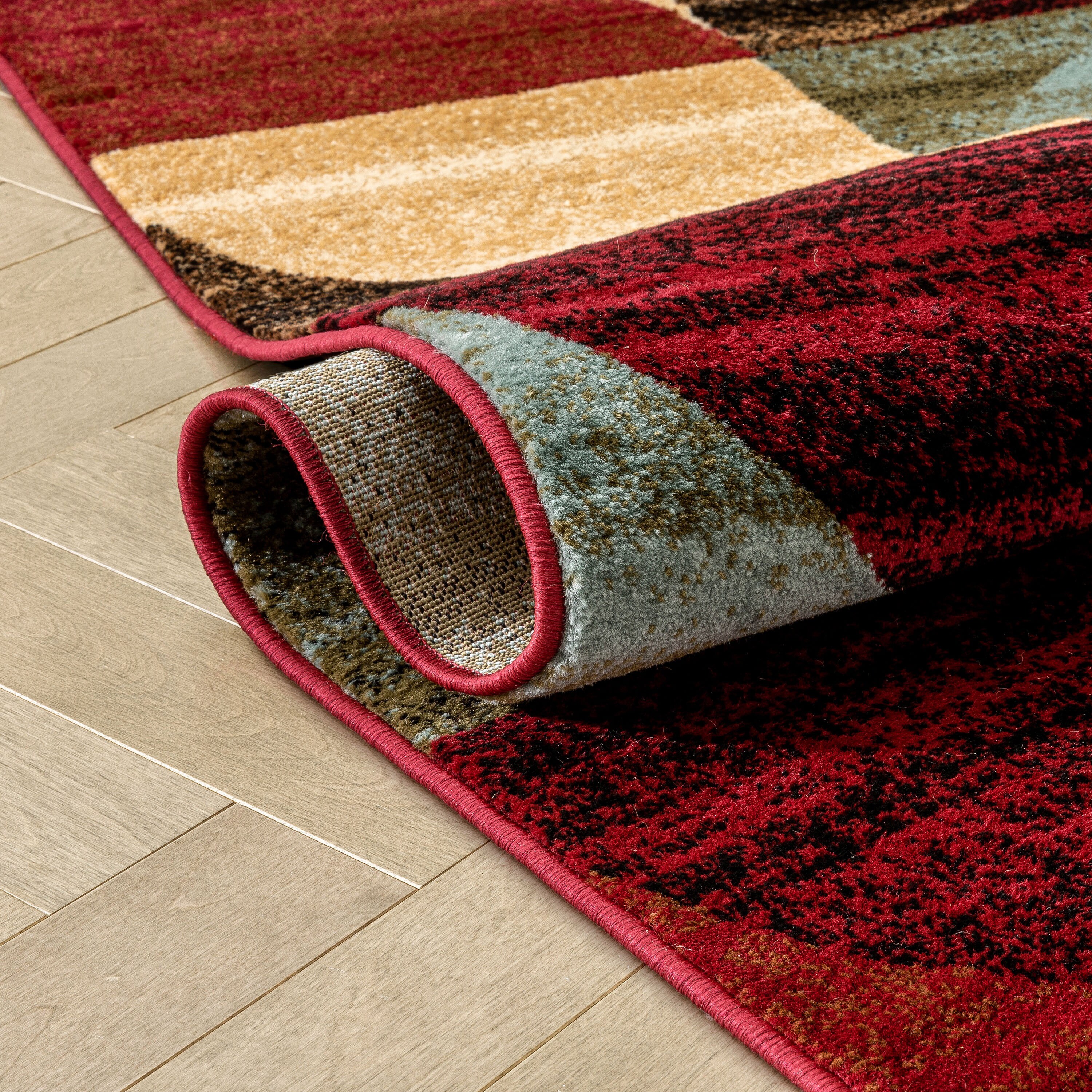 Ivory and Red Geometric Synthetic Rectangular Area Rug
