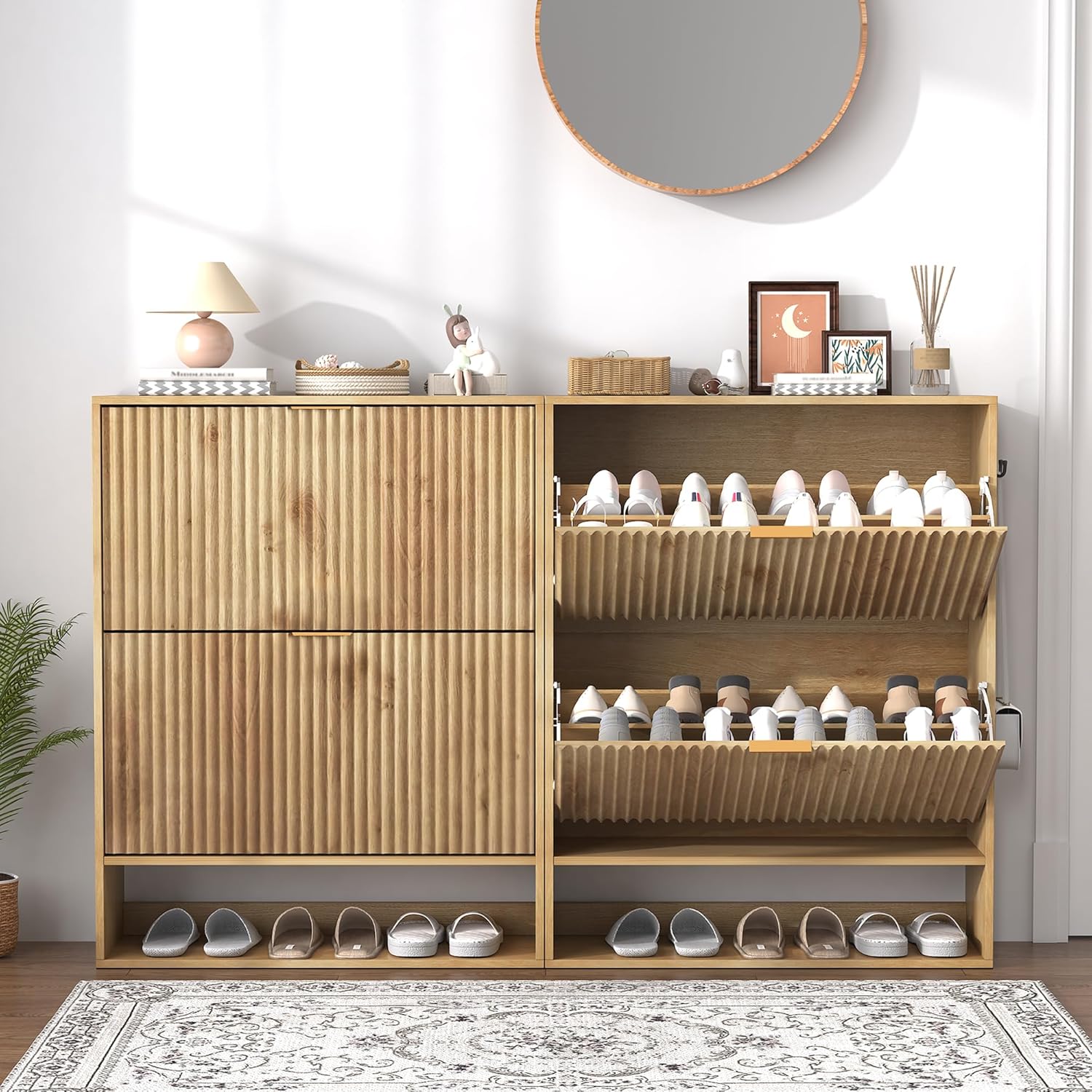 Garvee Set of 2 Fluted Shoe Cabinets for Entryway Slim Freestanding Shoe Storage with Flip Drawers Open Shelf Side Hooks Narrow Shoe Organizer Cabinets for Hallway or Family Entryway Oak