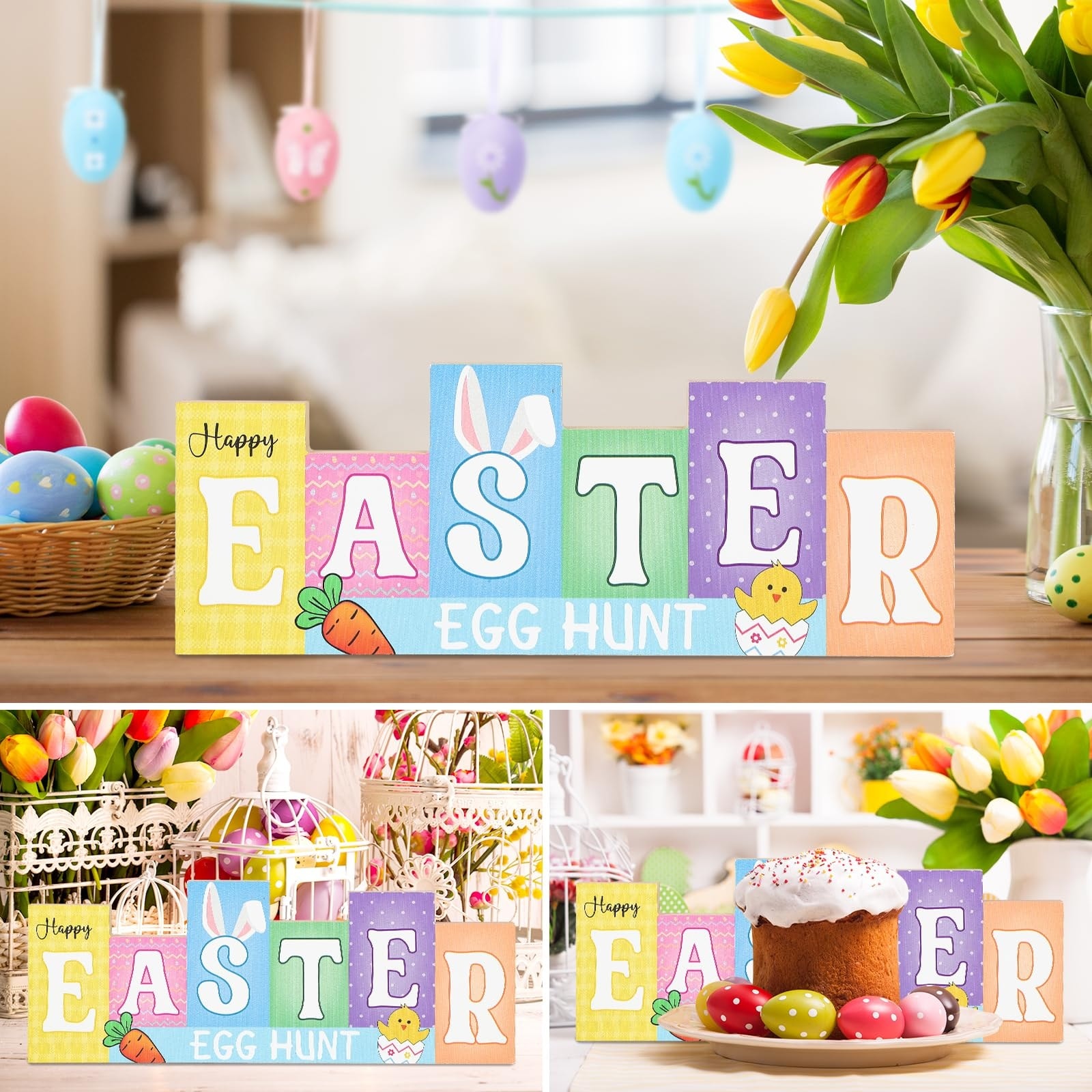 Anqtovp Reversible Wooden Easter Table Sign Double Sided Spring Decor ...