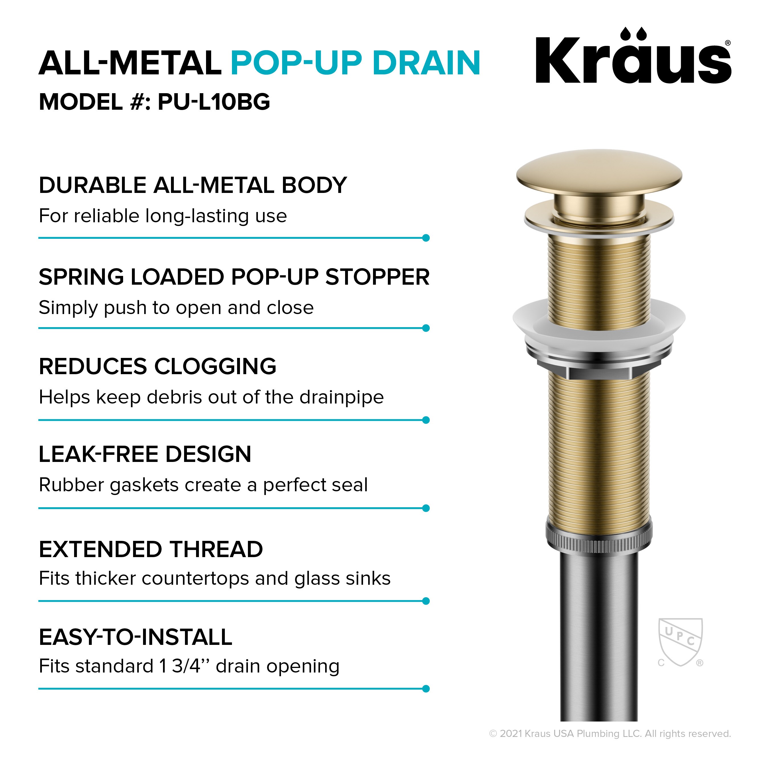 Kraus Brushed Gold Bathroom Decorative Sink Drain