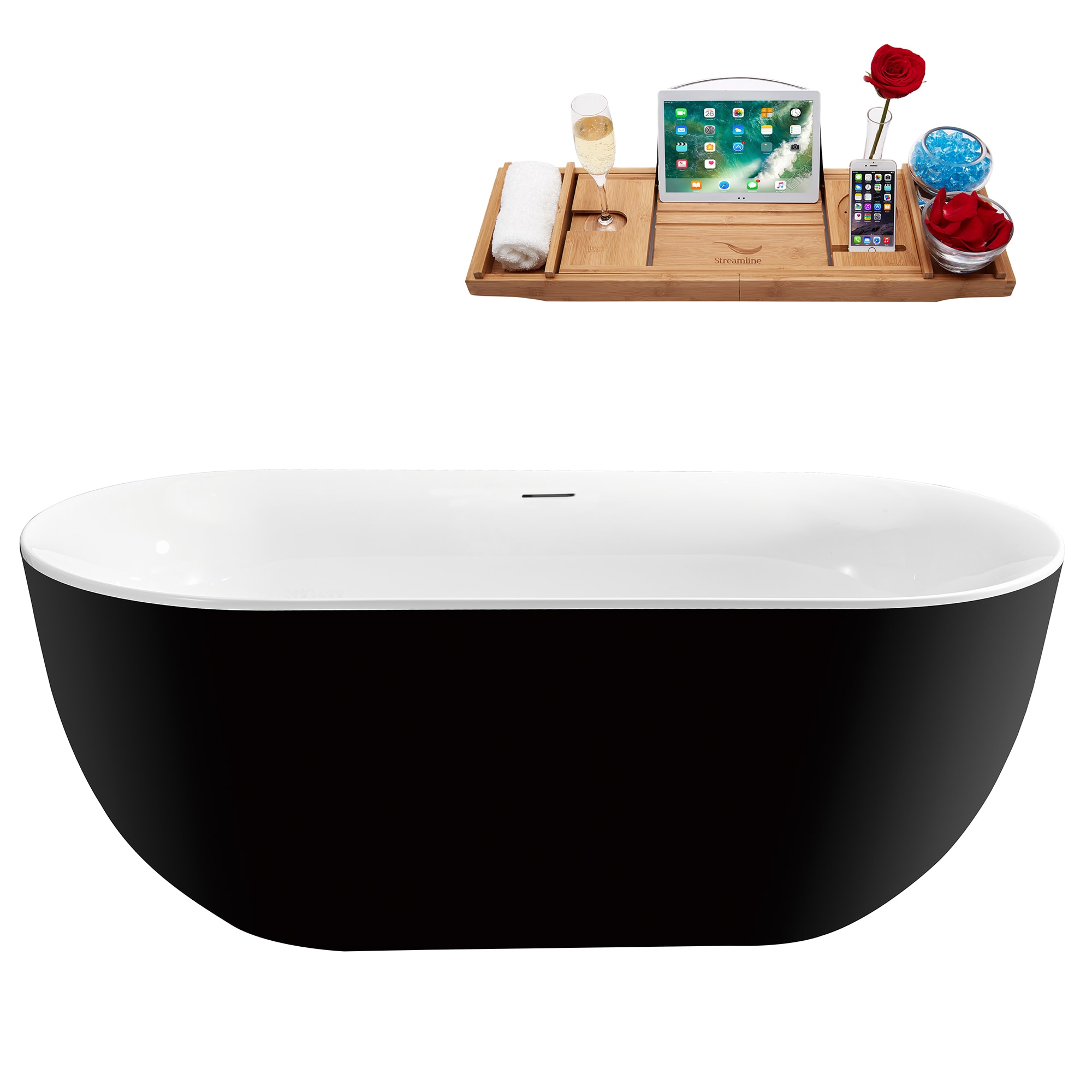 Streamline N811WH 28.3-in x 59.1-in Glossy Black Acrylic Oval Freestanding Soaking bathtub with Drain ( Center Drain )