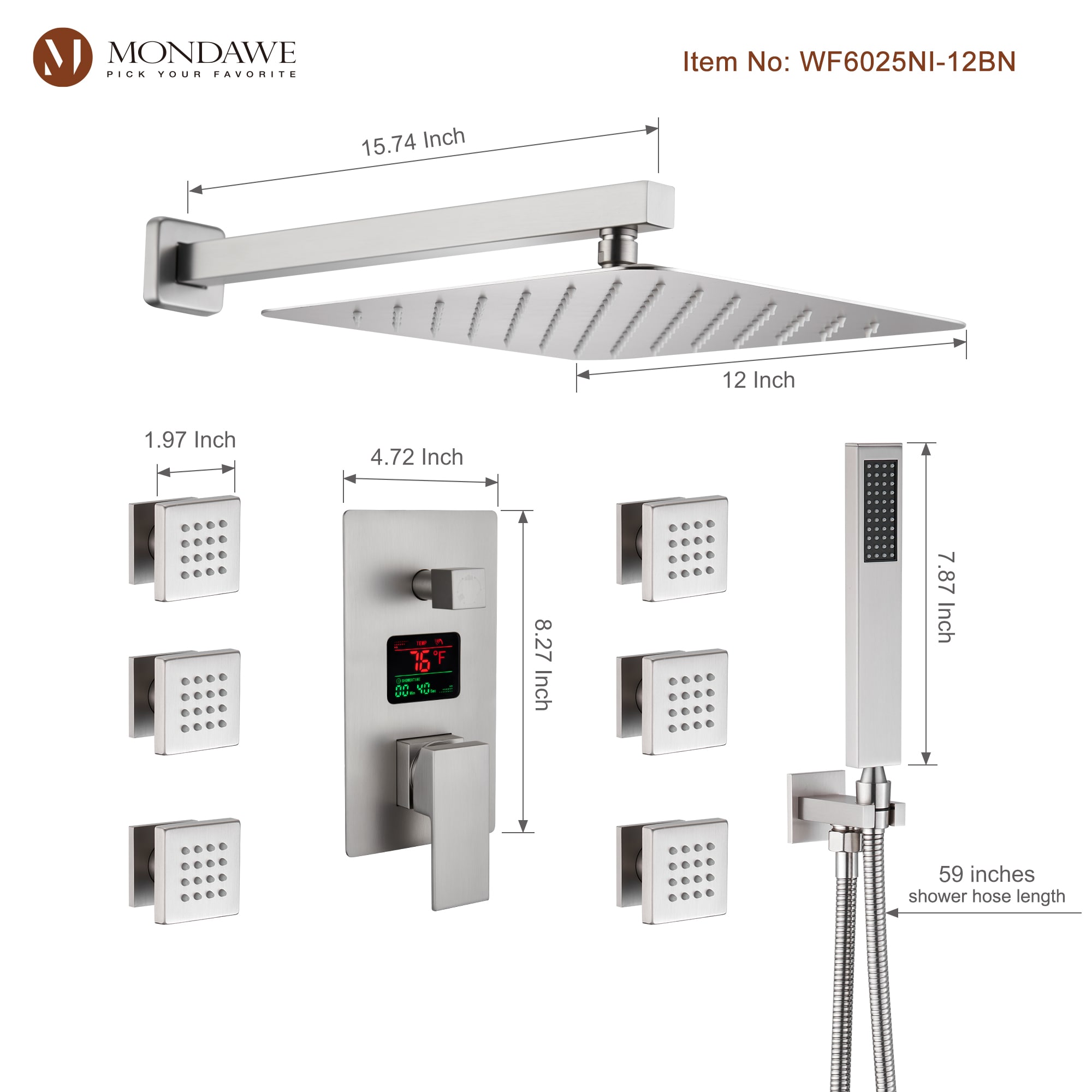Mondawe WF6025NI-12BN Showerhead-Bar-Panels - View #12