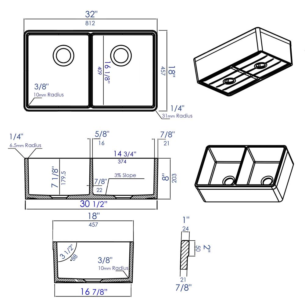 Alfi Alfi Brand Undermount 32 In X 18 In White Fireclay Double Equal