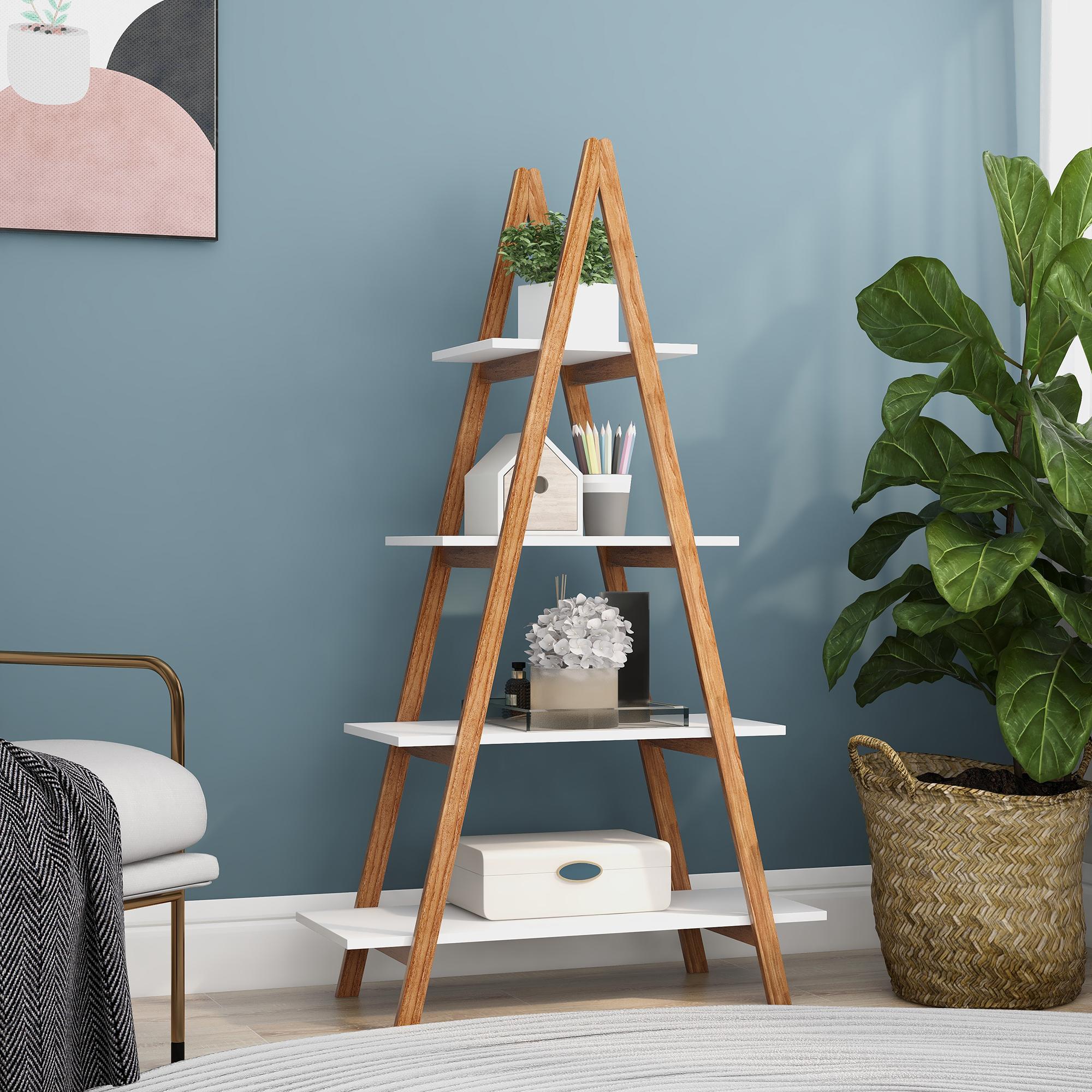 Bayfeve BF-222283-IN White Wood 4 -Shelf Ladder Bookcase ( 30-in W x 53.54-in H x 11.81-in D ) Finished