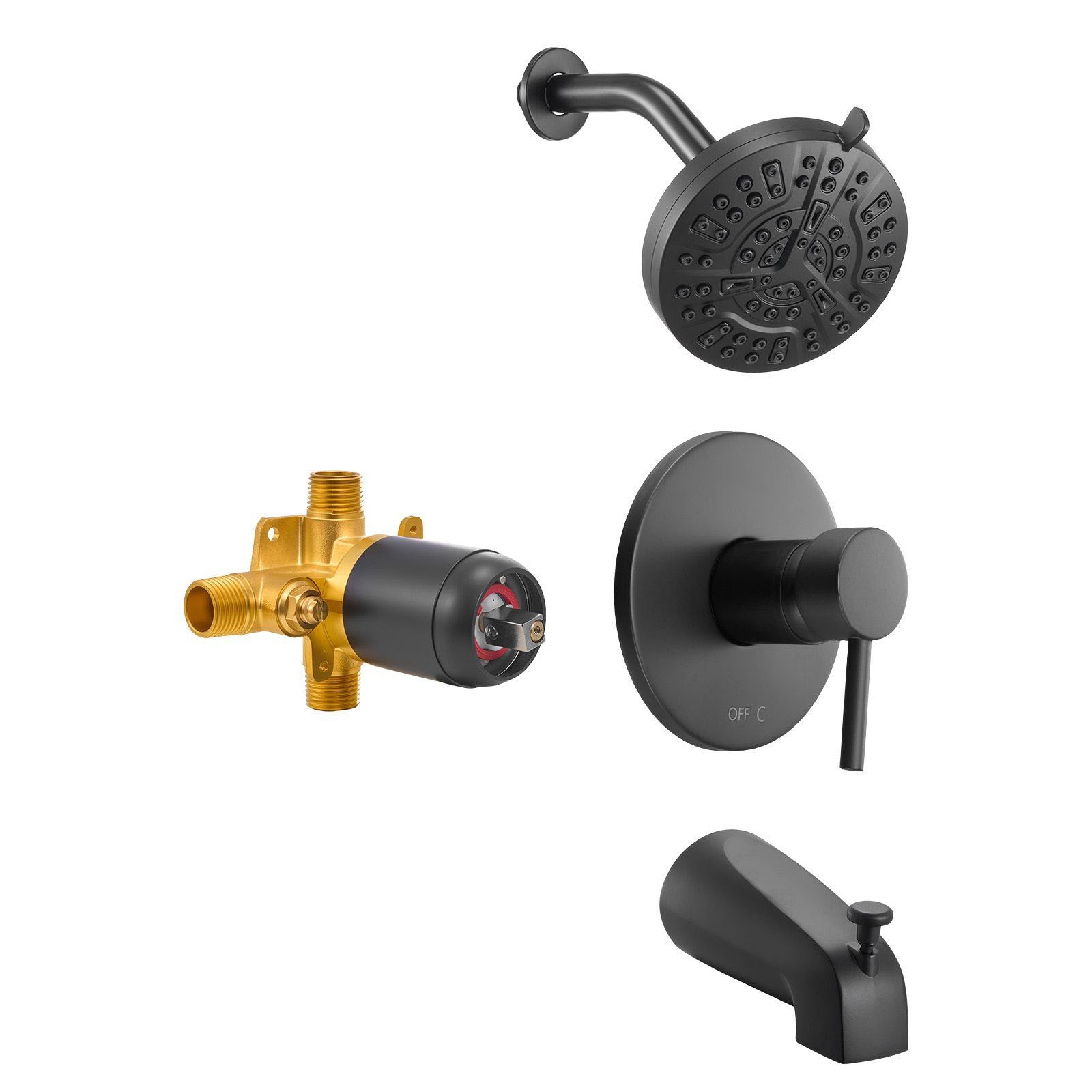 Slickblue Wall Mounted Matte Black/Gold Tub and shower faucet set with Rainfall Shower Head for Homes Hotel or Apartments Bathrooms