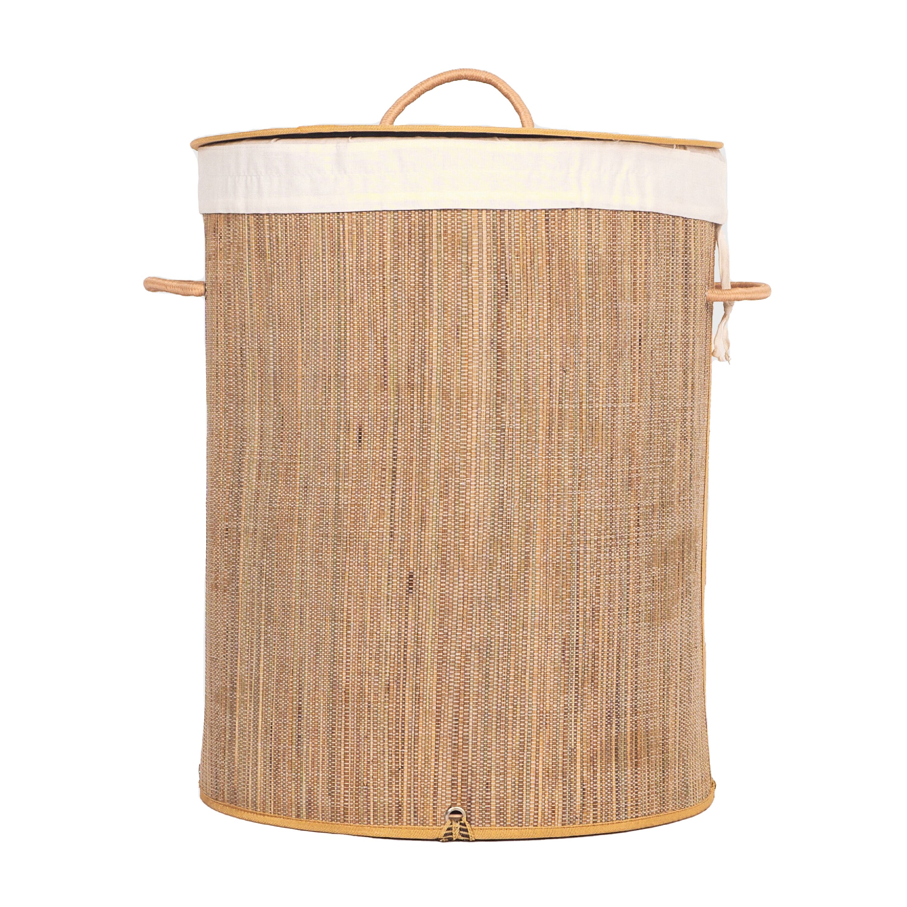 Round Natural Mendong Collapsible Laundry Hamper with Lid and Handles