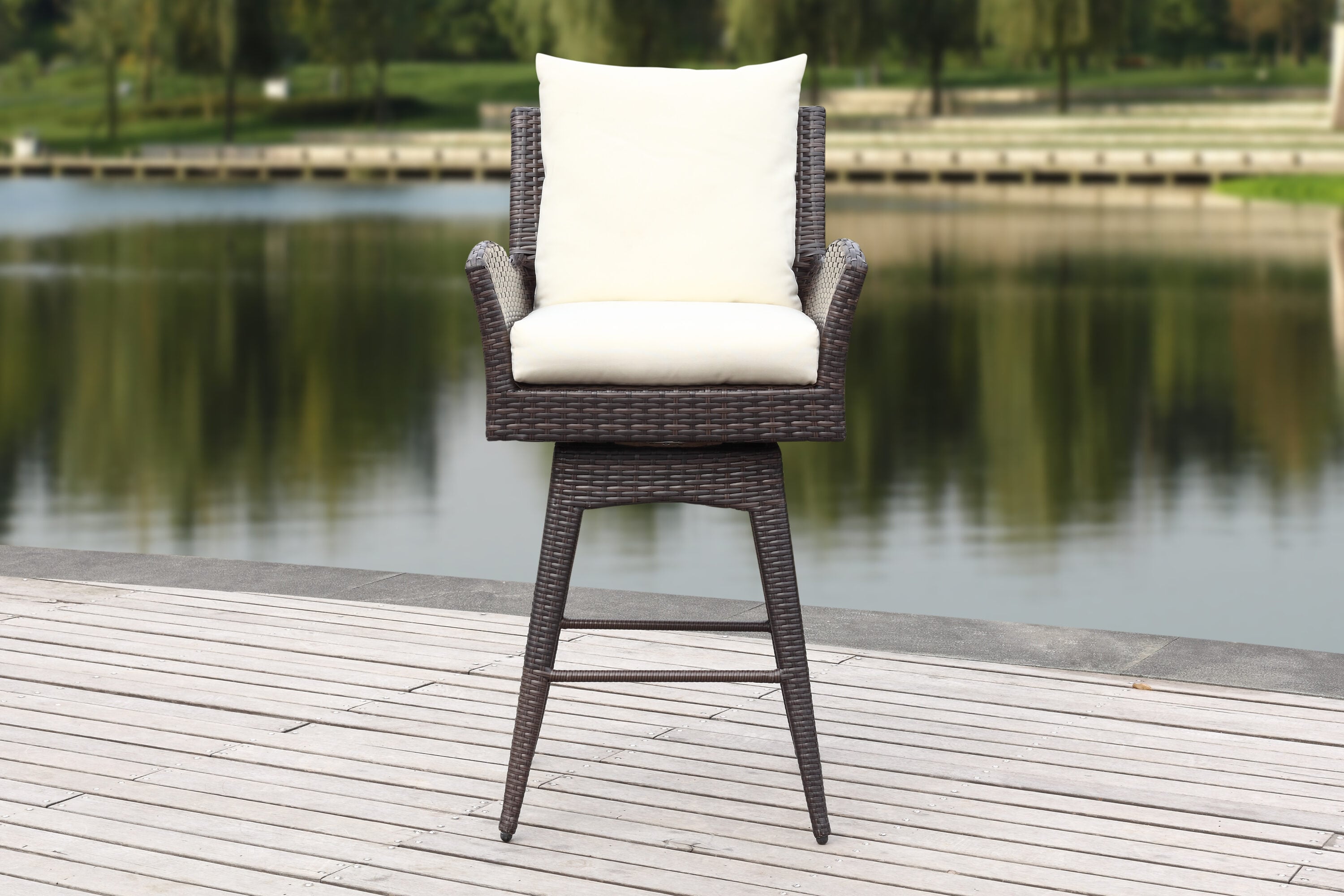 Hayes Brown Swivel Wicker Barstool with Beige Cushions