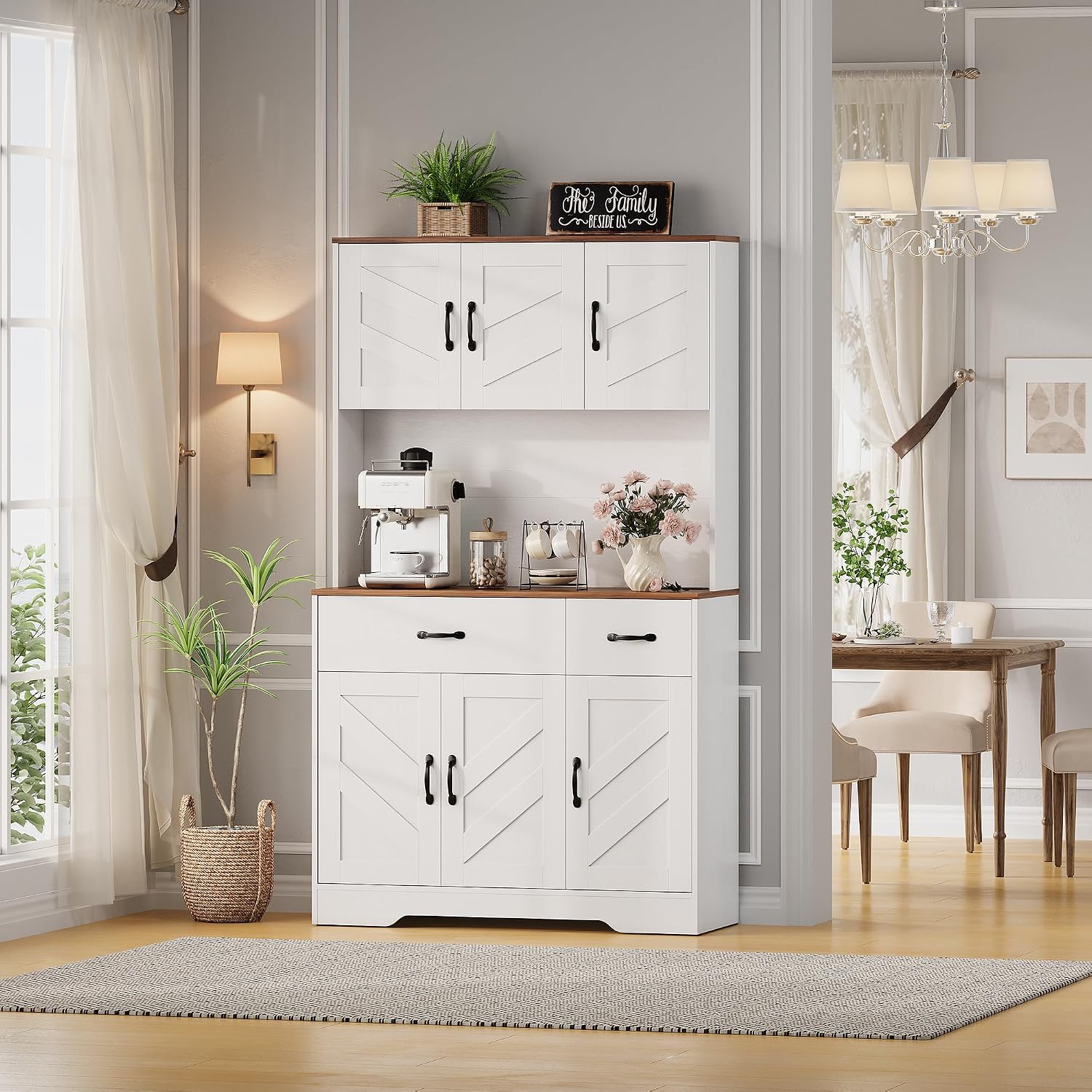 Assile 71 Inch White Kitchen Pantry Cabinet Hutch Storage Cabinet with Large Countertop Microwave Stand 2 Drawers