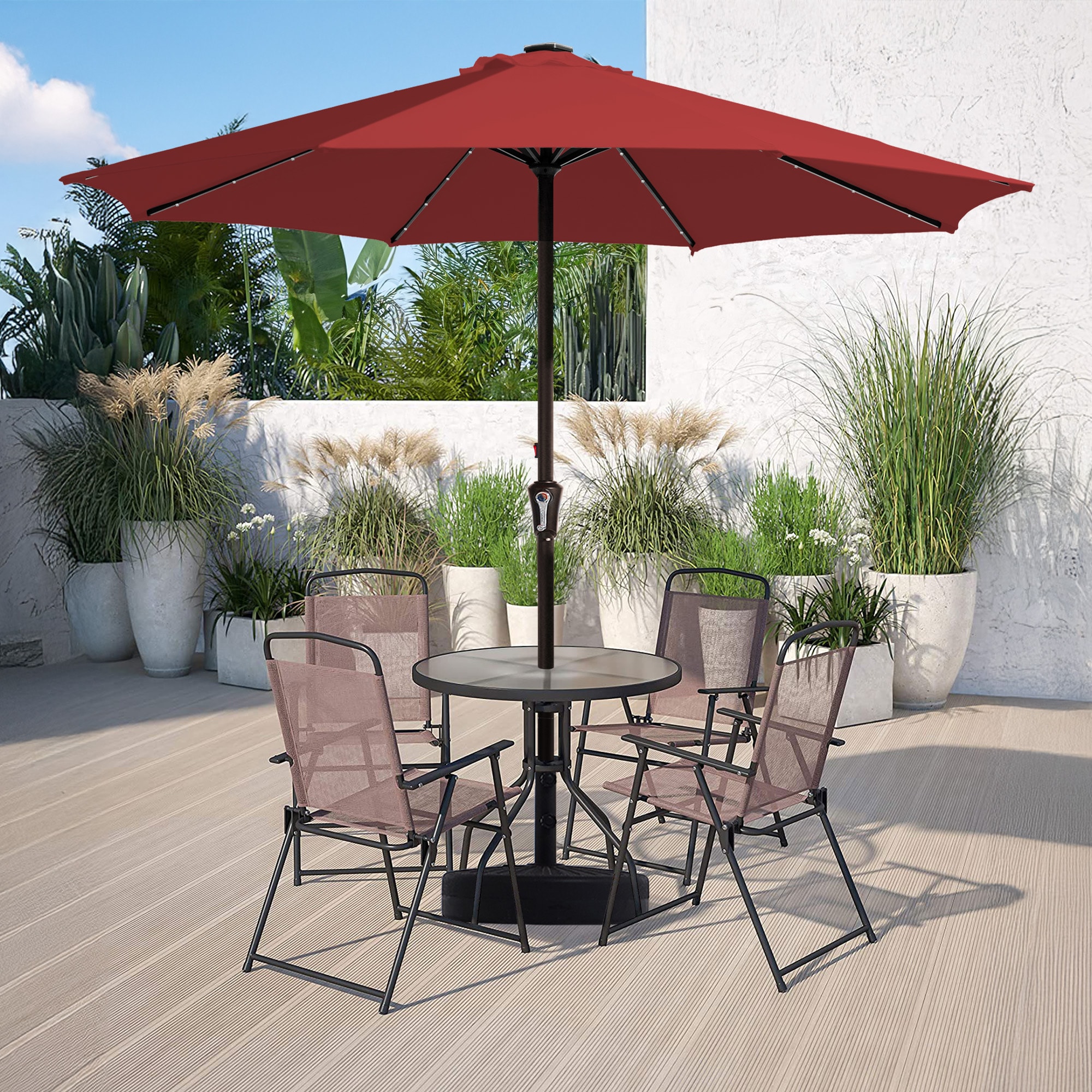 VOUA 10DZS-OR 10-ft Iron Red Push-button Tilt Market Patio Umbrella with Lights
