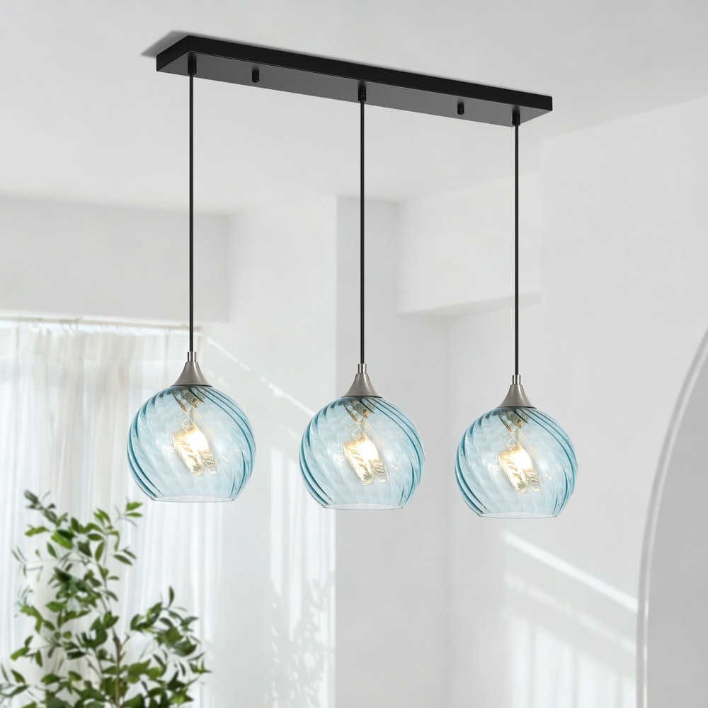 Henveton Kinlea 3 Light Modern Vintage Green Swirl Glass Linear Pendant Light Adjustable Hanging Kitchen Island Light