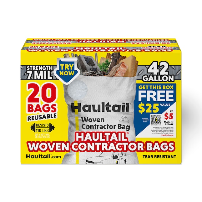 Haultail Woven Contractor-Bag 42-Gallons White Outdoor Polypropylene  Construction Zip Tie Trash Bag (20-Count) in the Trash Bags department at