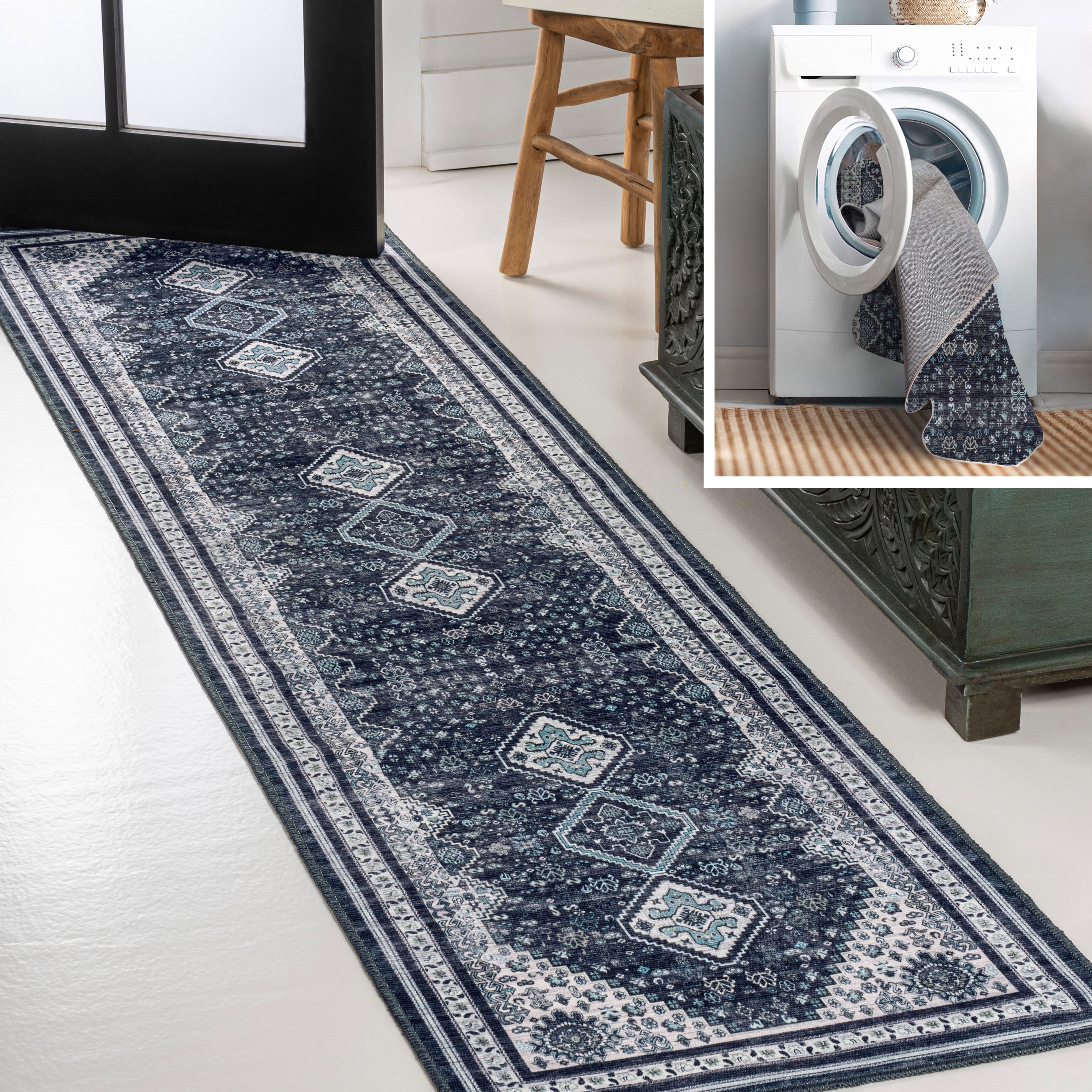 JONATHAN  Y WSH101D-28 WASHABLE Dalyan Geometric Medallion 2 x 8 (ft) Loomed Chenille Navy/Light Gray Rectangular Indoor Border Bohemian/Eclectic Machine washable Runner rug