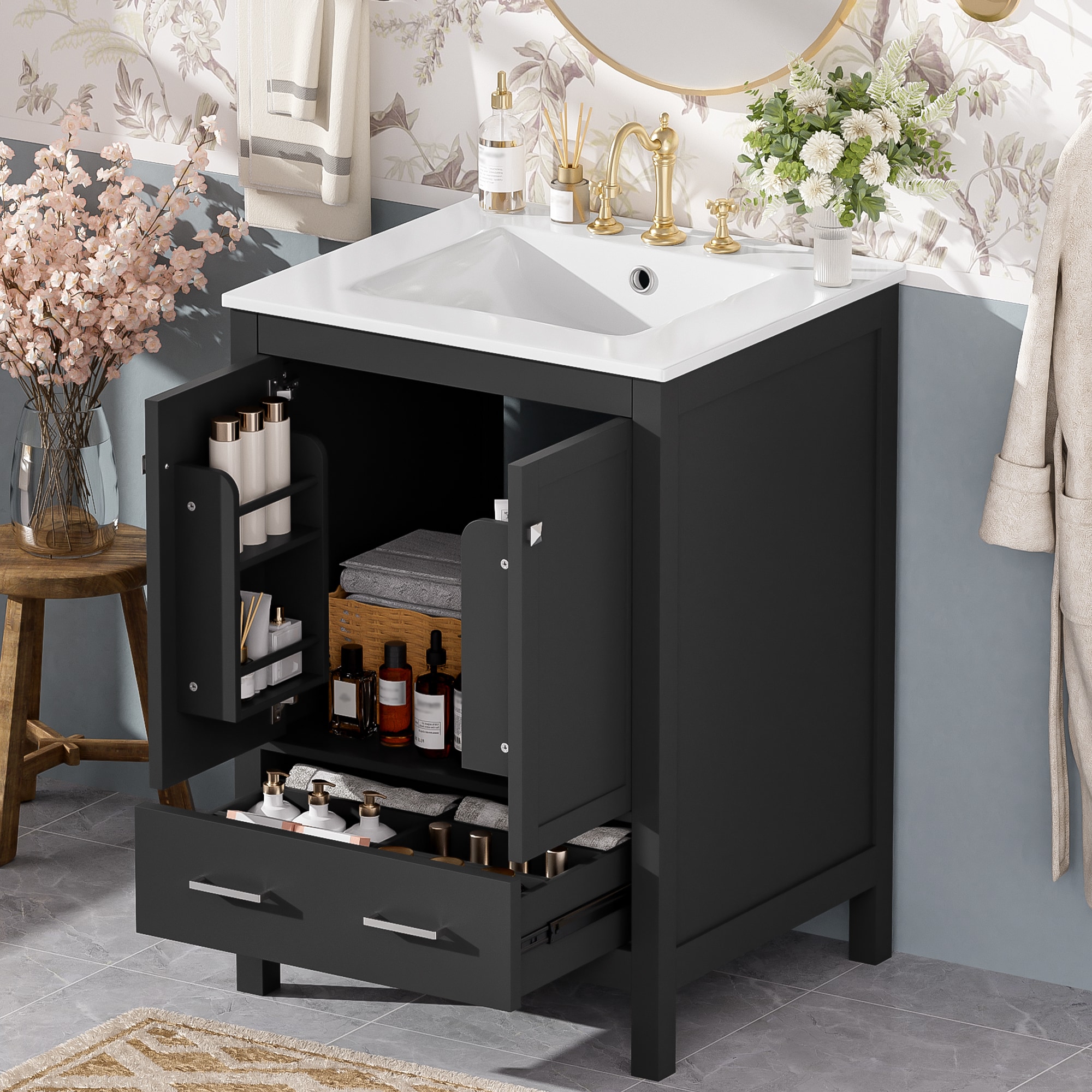 ModernLuxe  24inch  bathroom vanity with integrated undermount basin and a storage cabinet featuring 2 doors and 1 drawer. Includes doublelayer door shelf softclose design and versatile storage solutions