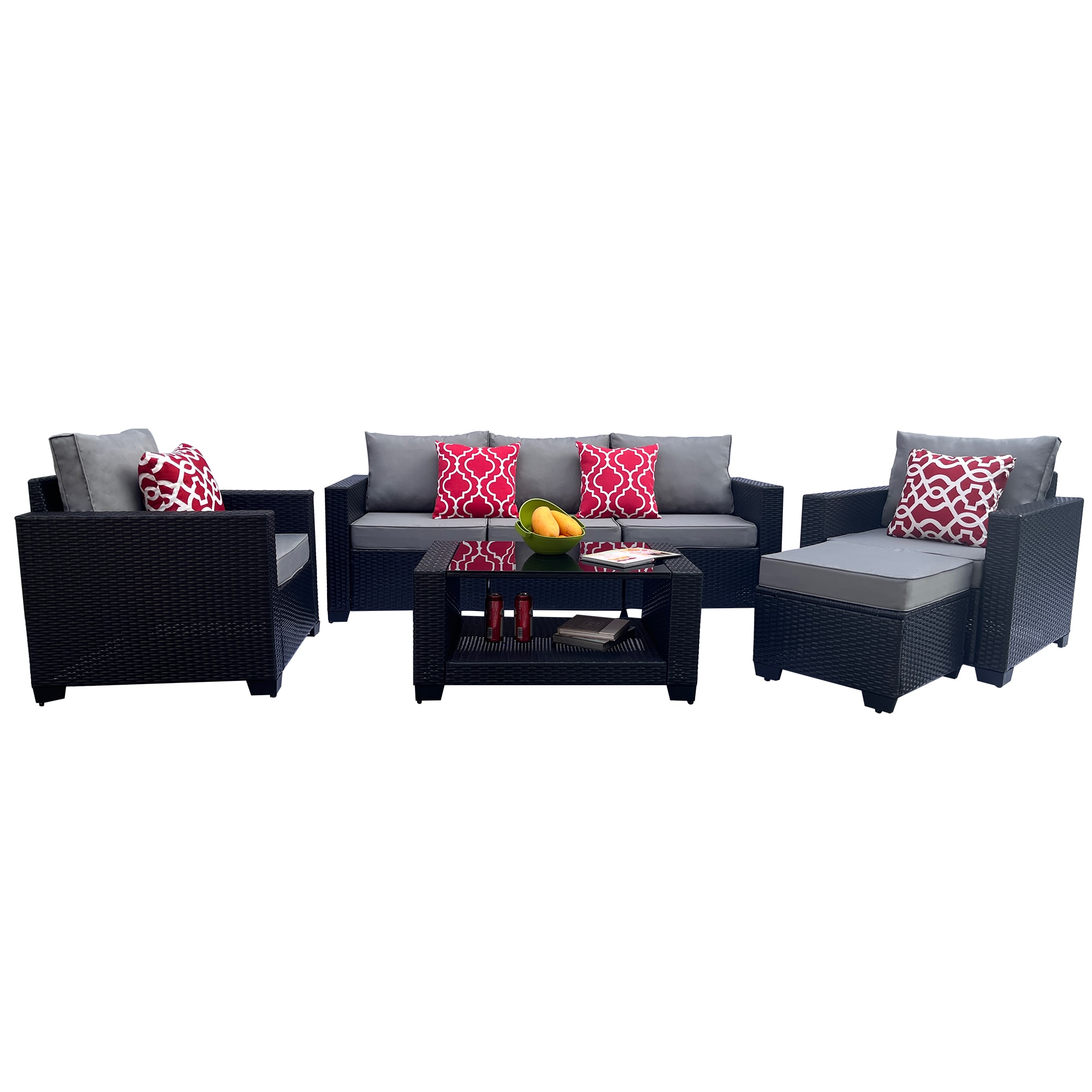 Laila 7-Piece Wicker Patio Conversation Set with Gray Cushions | - AHIOU HOME ZAAHG-S00046SF