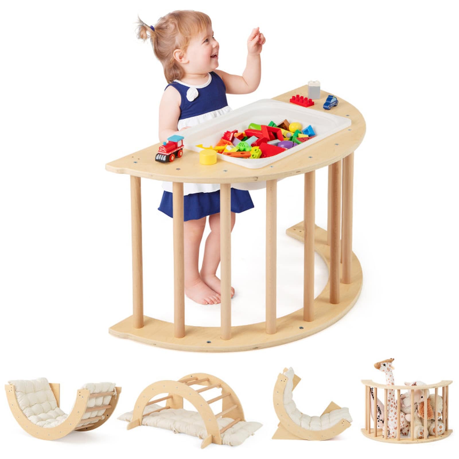 SUGIFT 6-in-1 Kids Climbing Arch Playset Solid Wood with Removable Cushion Storage Bin Tunnel Rocker for Toddlers #LW038SUGHY419