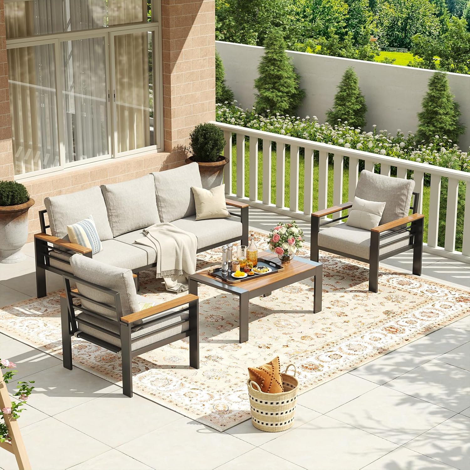 AOXUN 4 -Piece Patio Conversation Set with Gray Cushions Included in ...