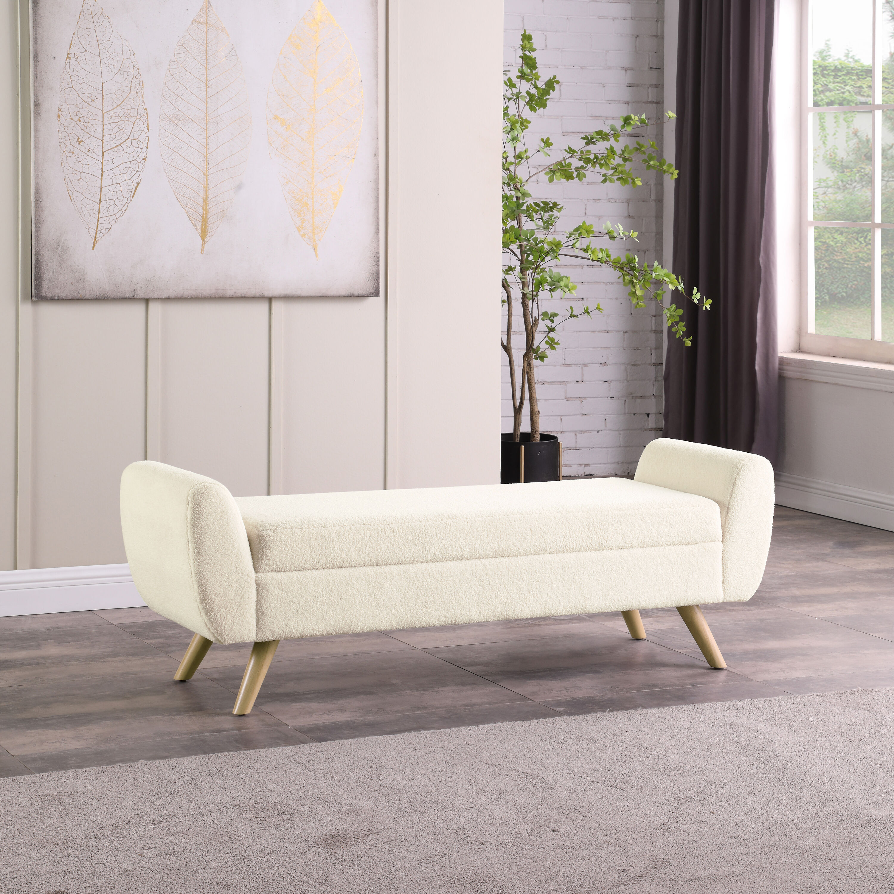 HomePop K8566-B306 Midcentury Cream Sherpa Storage Bench with Storage 60-in x 18-in x 21-in