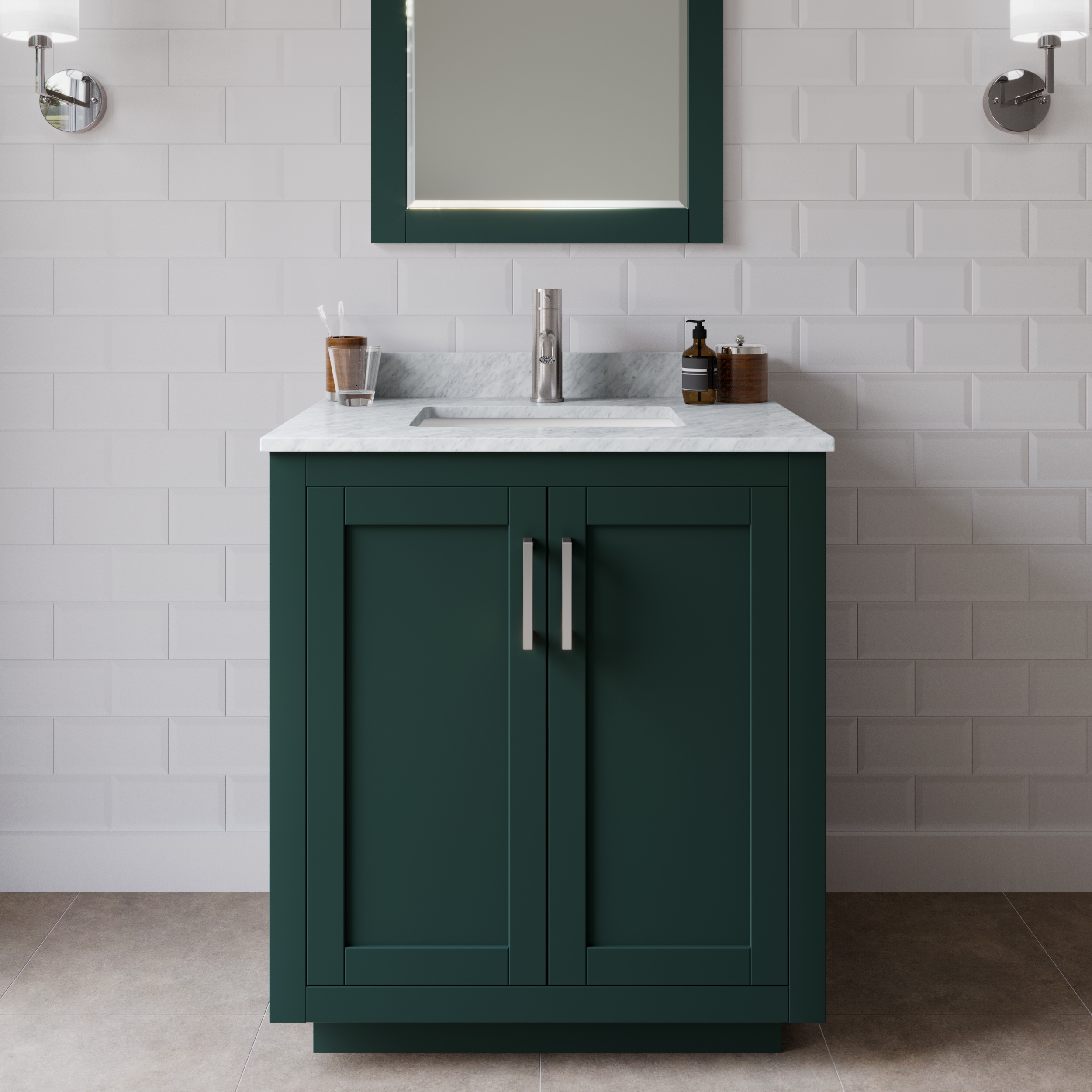 Wyndham Collection WCF292930SGECMUNSMXX Miranda 30-in Green with Brushed Nickel Trim Undermount Single sink Bathroom Vanity with White Carrara Marble Marble Top