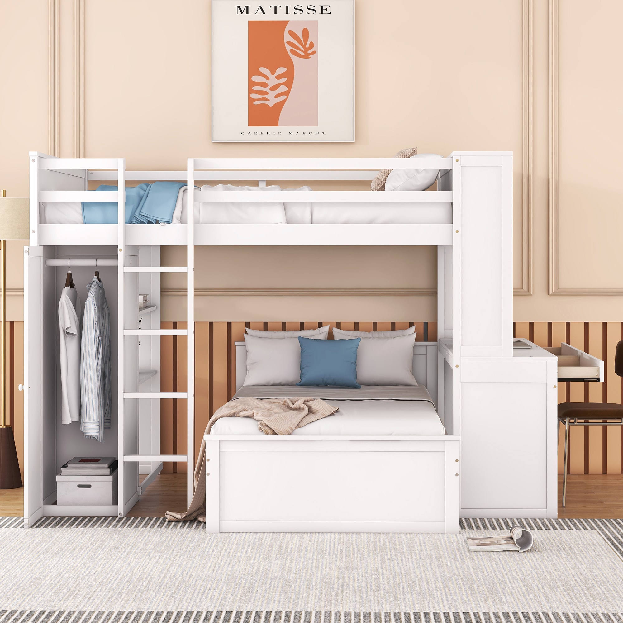 Bellemave Full size Loft Bed with a twin size Stand-alone bed Shelves Desk and Wardrobe-White
