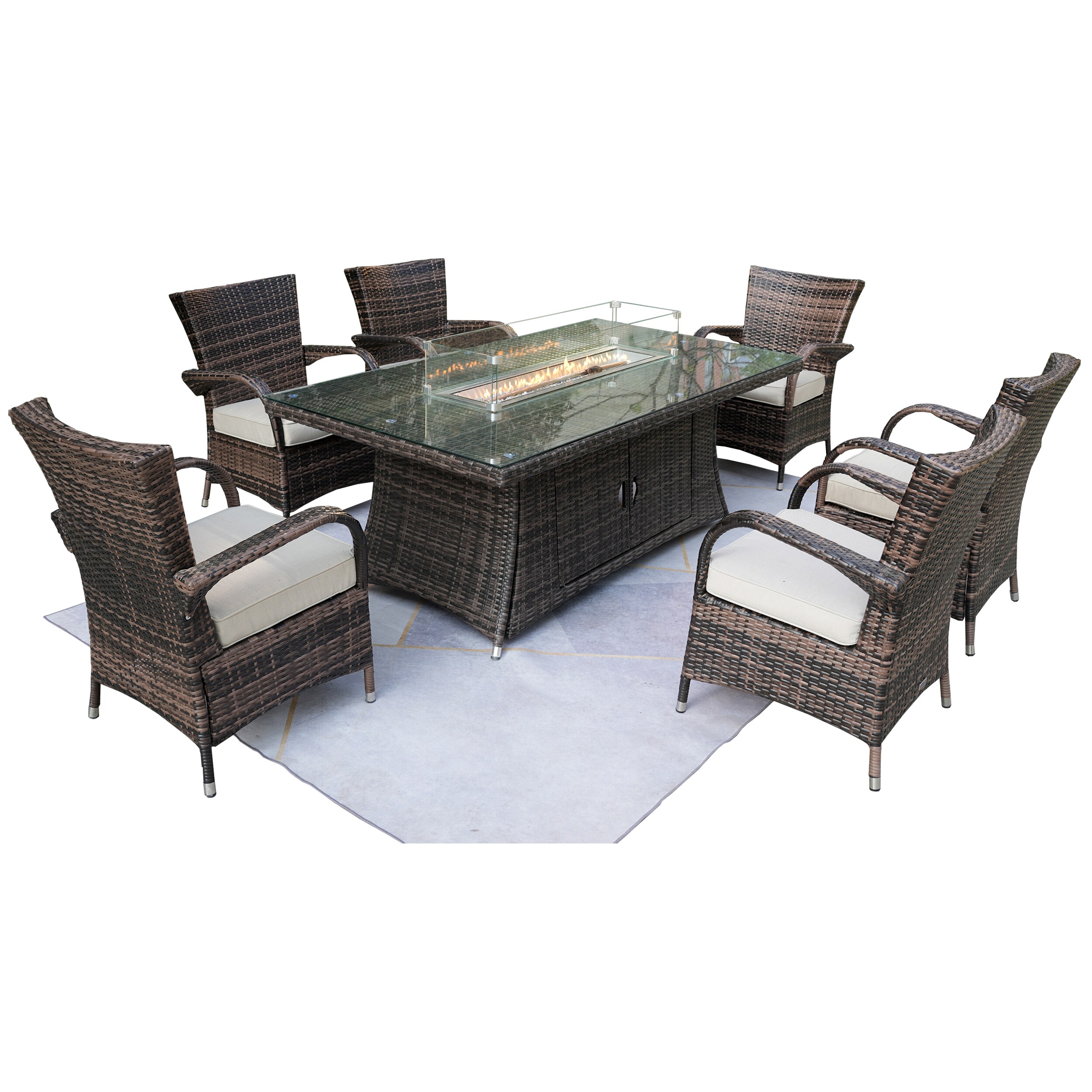 Moda Furnishings MOG-1106R-1122 Chairs for 1122 and table of 1106R in brown 7 -Piece Brown Wicker Patio Dining Set Wicker Rectangle Table with 6 Beige Cushions Stackable Stationary Chairs Fire Pit Included