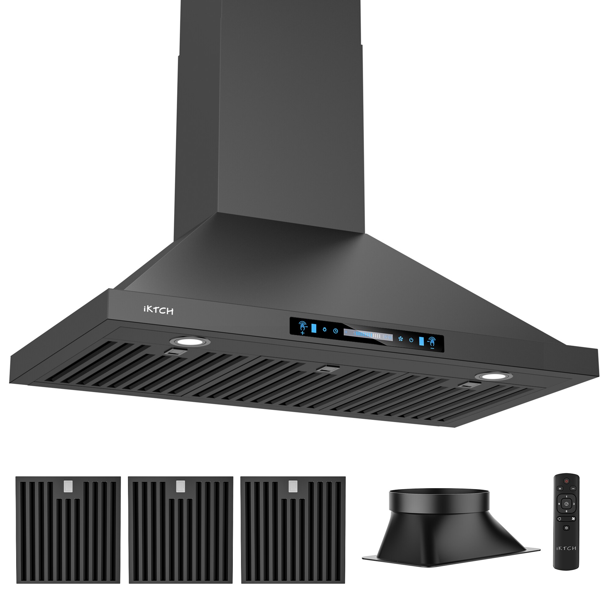 iKTCH 36-in 900-CFM Ductless Matte Black Wall-Mounted Range Hood with ...