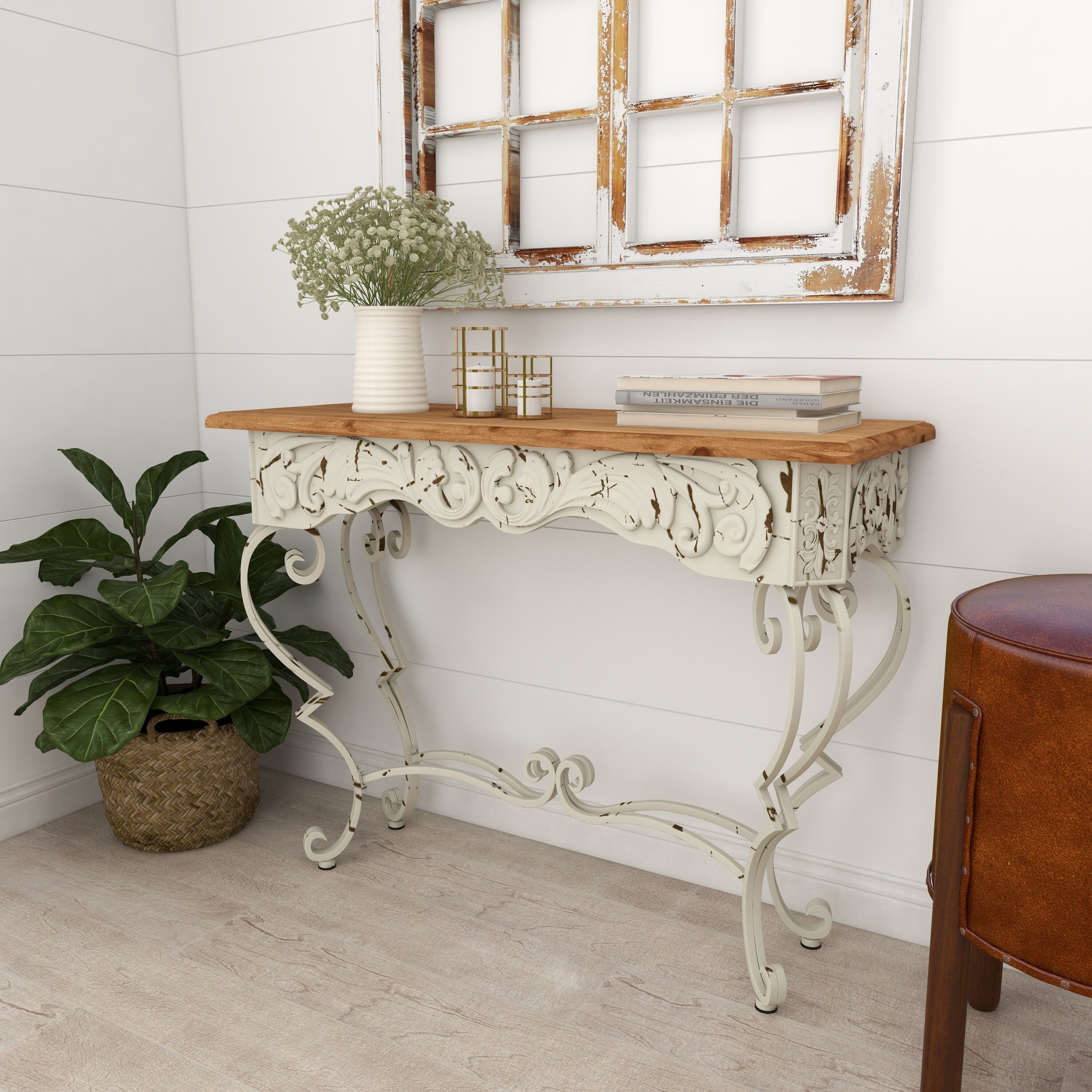 French Provincial White Metal Scroll Console Table with Fir Wood Top