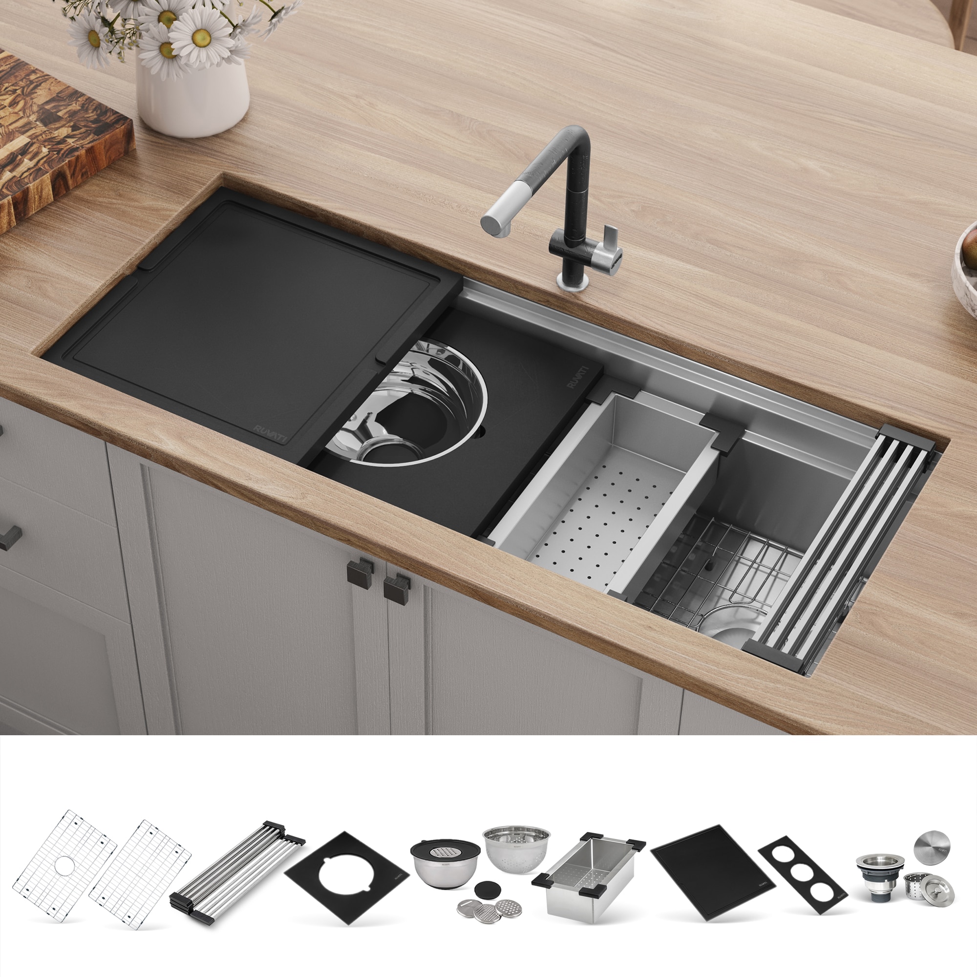 Ruvati RVH8335 Dual-Tier Undermount 45-in x 19-in Stainless steel Single bowl 16 -Gauge Workstation Kitchen Sink