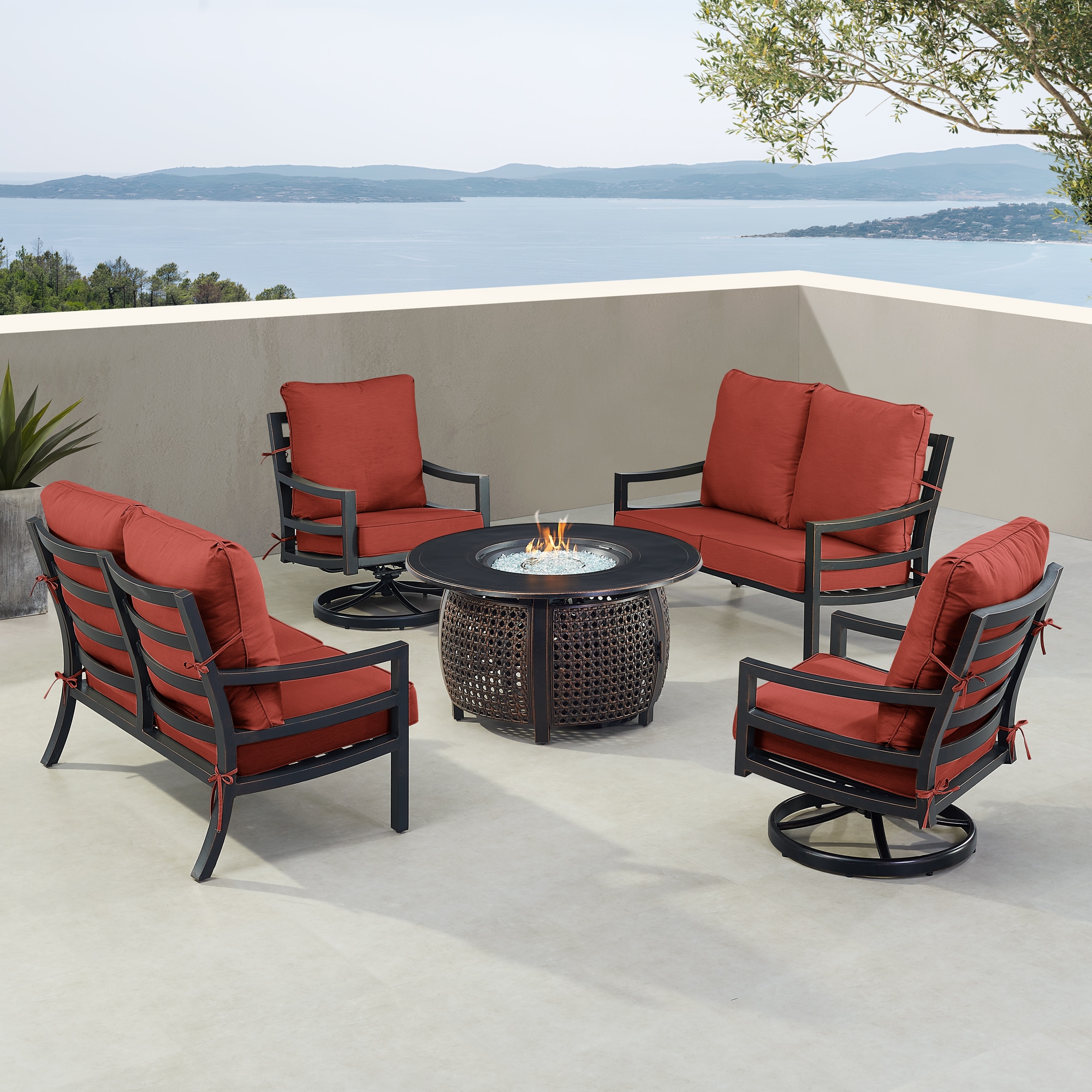 Oakland Living HUDSON2LS2CHCLIFFRDC Fire Pit Table Set, Two Loveseats, Two Lounge Chairs, Wind Guard and Ice Bucket 19 -Piece Patio Conversation Set with Red Cushions
