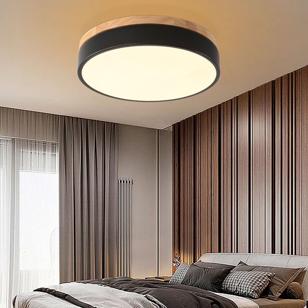 Oukaning JZUCE92PNSHCX 11.8-in Rubber Wood 1 -Light 11.8-in Antique Black Integrated LED Flush Mount Light