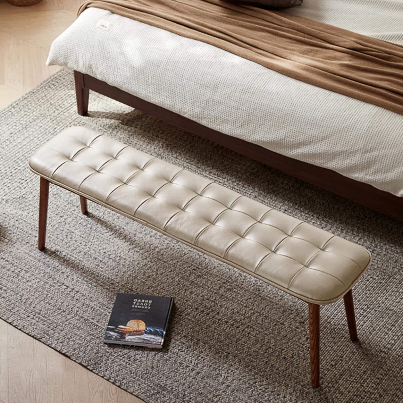 GDFStudio 332939 Nora Solid Oak Wood Dining Bench with Leather Cushion White and Walnut Finish