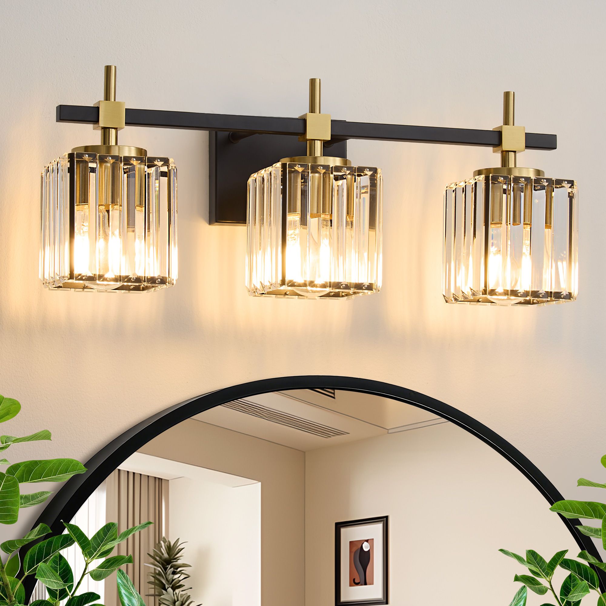 Lanmate  Modern Black Gold 3-Light Bathroom Vanity Light with Crystal Glass Shades Dimmable Wall Mount Fixture
