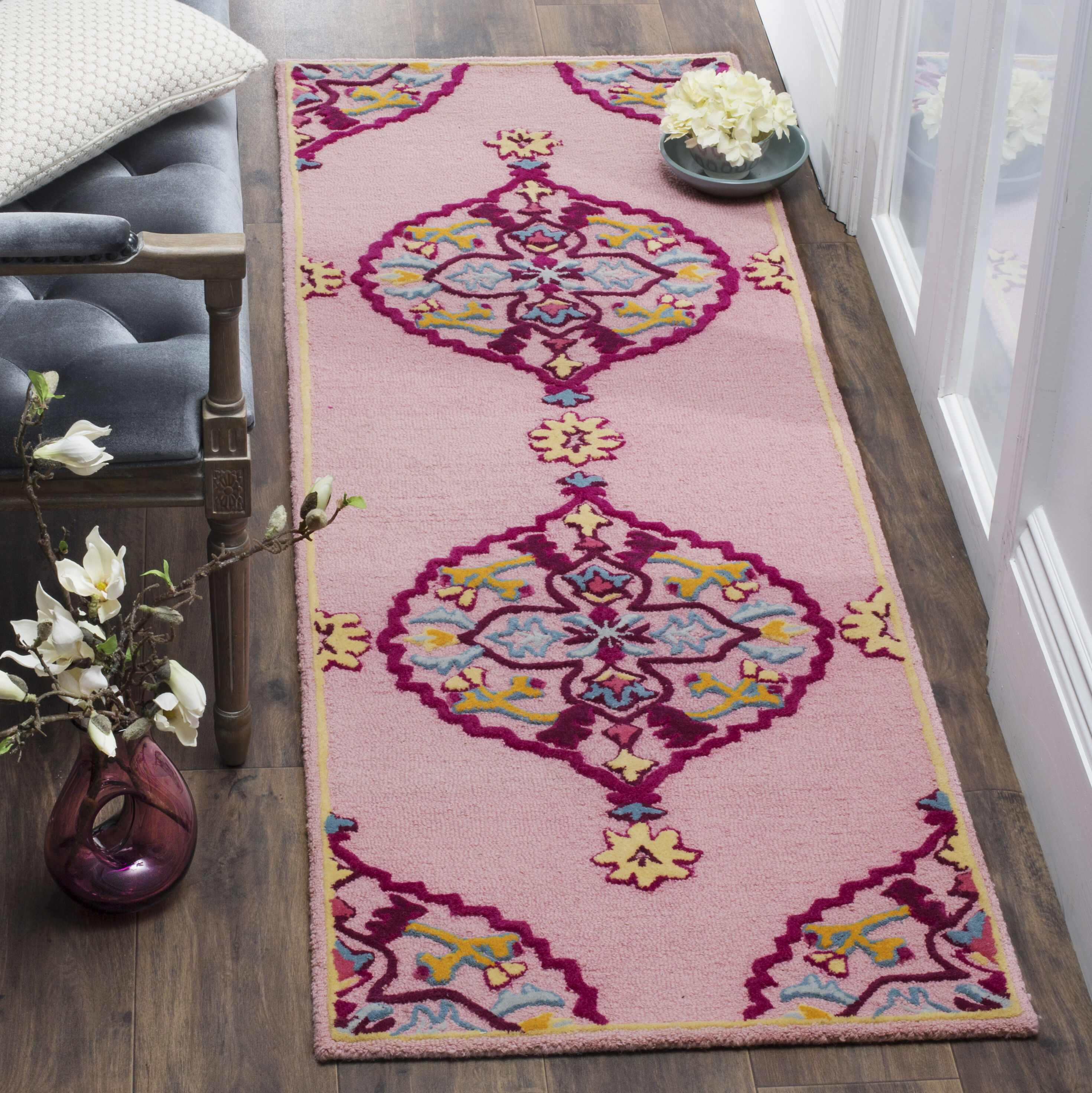 2 x 9 (ft) Tufted Pink / Multi Rectangular Indoor Mid-Century Modern Professionally Clean Only Runner rug