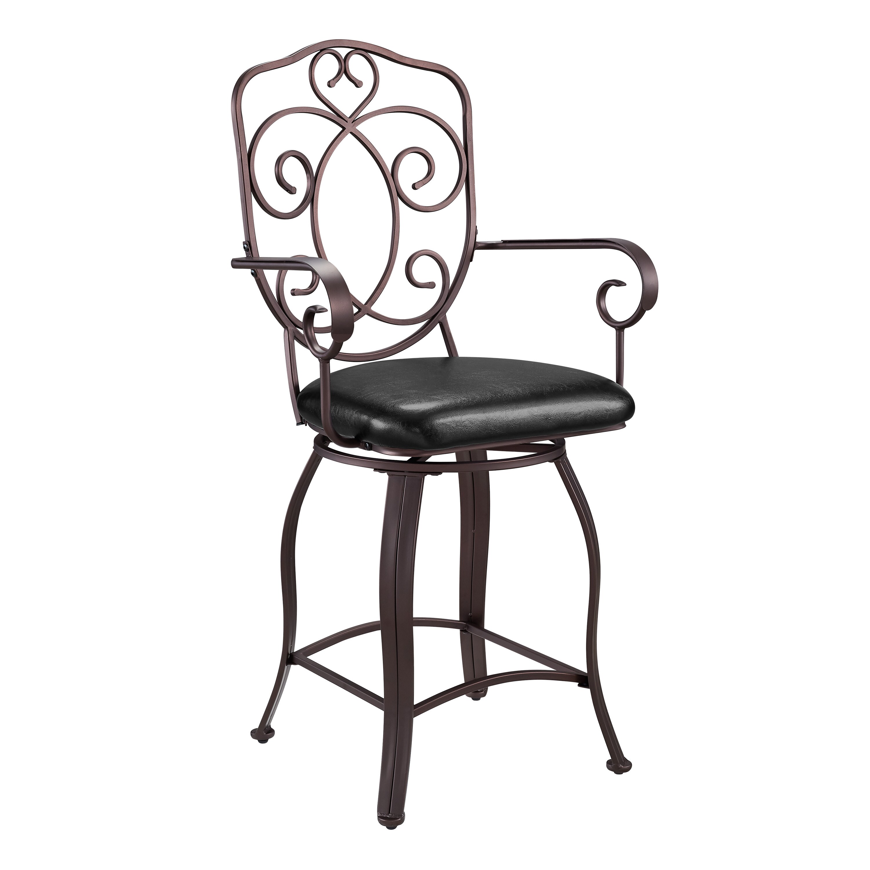 Linon 02786MTL-01-KD-U Crested Back Counter Stool 24 Brown 25-in H Counter height Upholstered Swivel Metal Bar Stool with Arms & Back