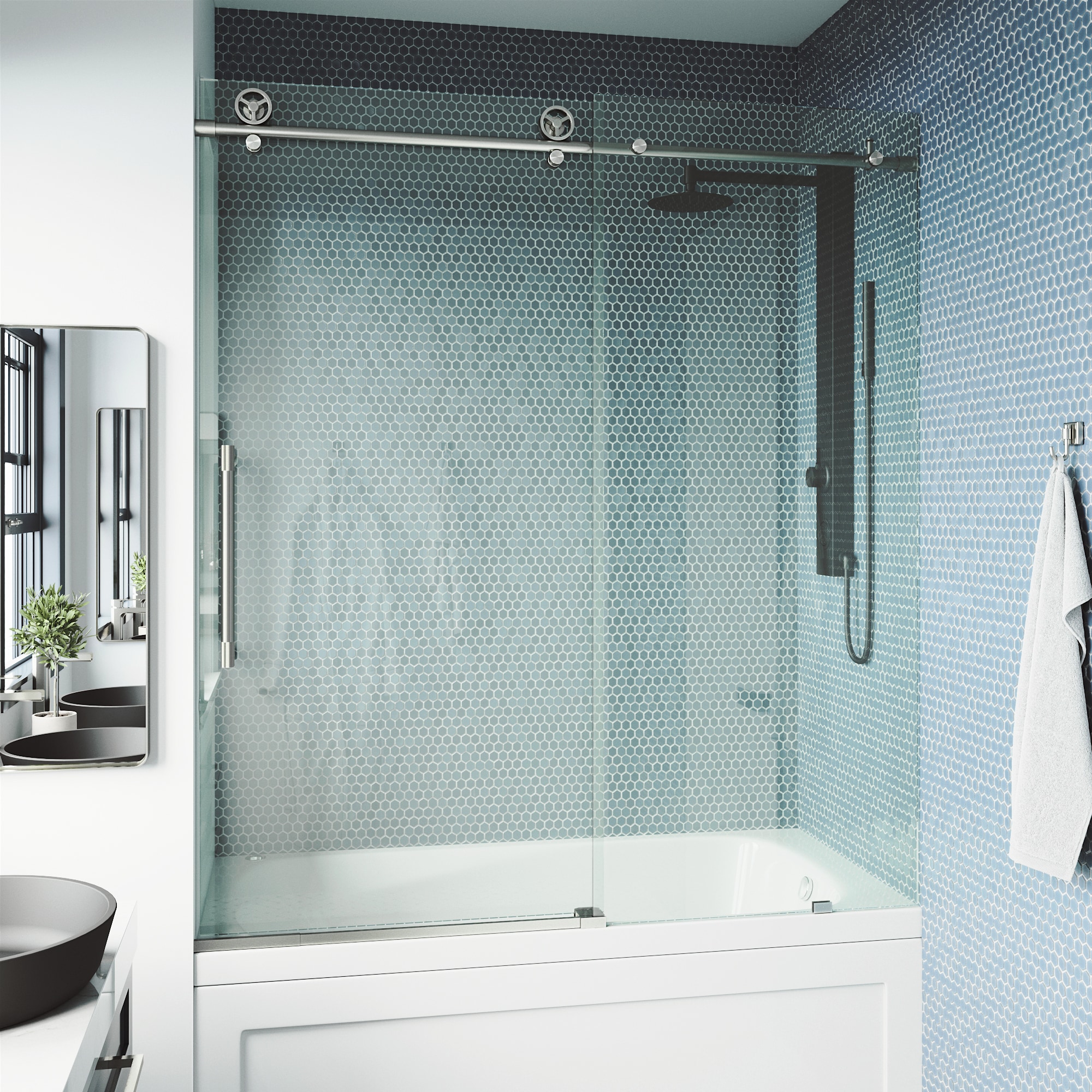 VIGO VG6044STCL6066 Elan Cass Aerodynamic Stainless Steel 56-in to 60-in W x 66-in H Frameless Sliding Bathtub door