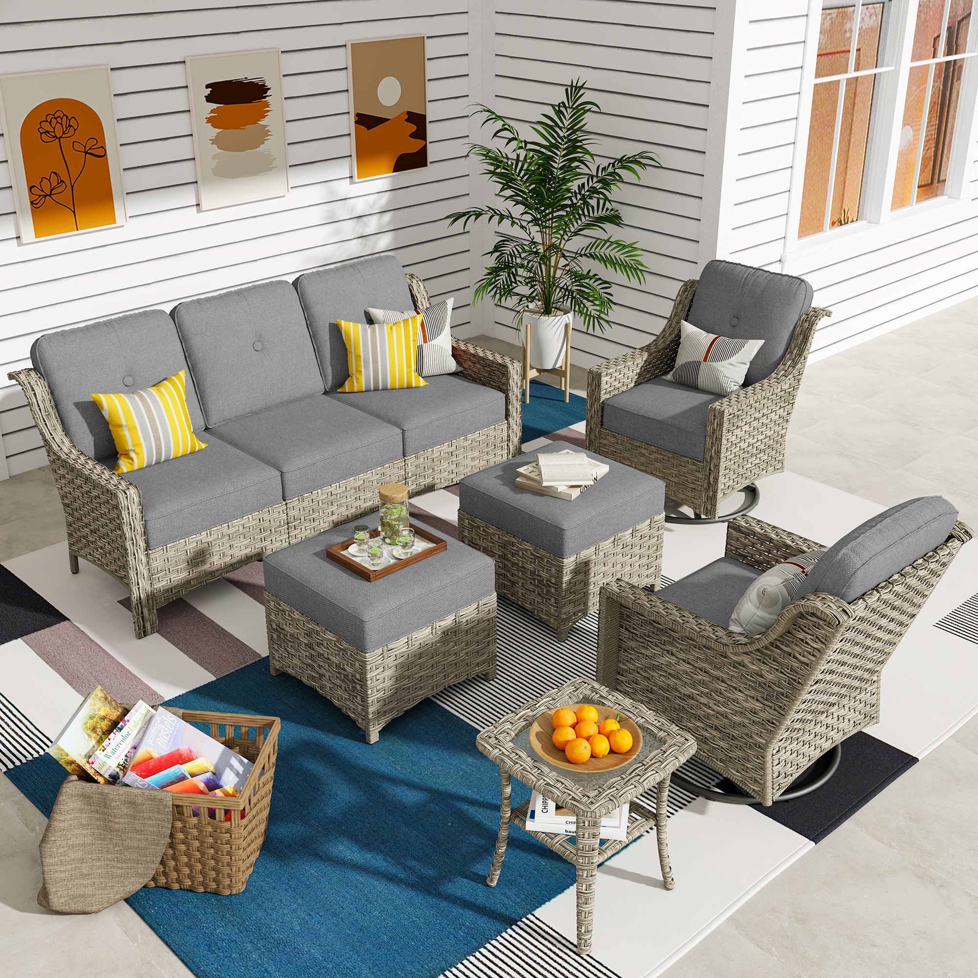 Ovios PD206Y 6 -Piece Wicker Patio Sofa Conversation Set with Gray Cushions