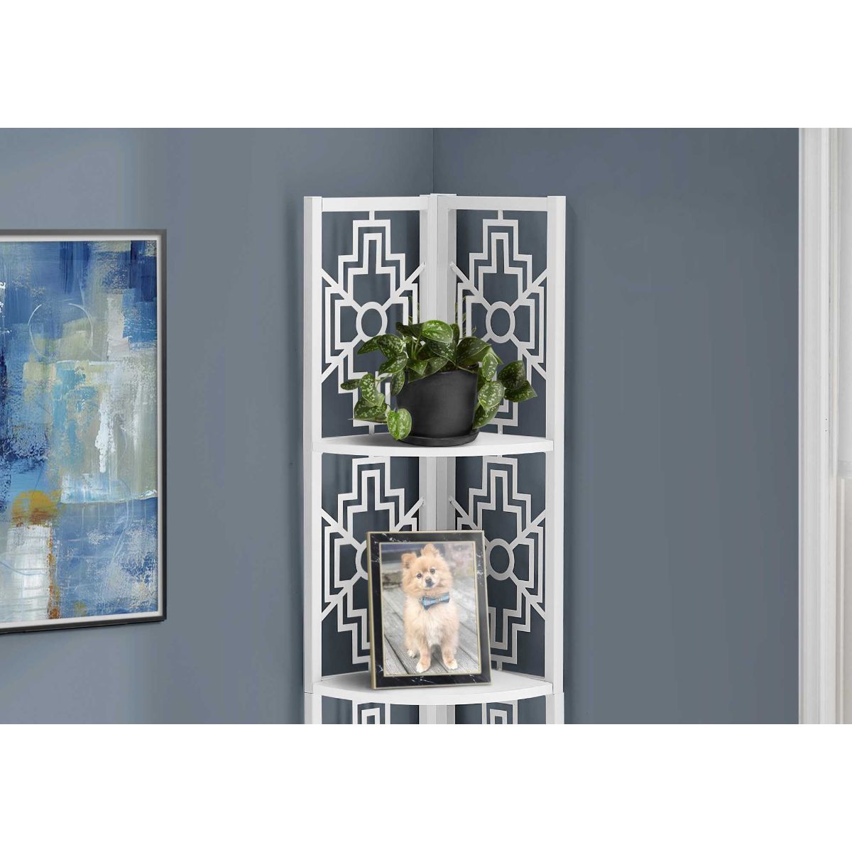 White Metal Corner Etagere Bookcase with Cutwork Design