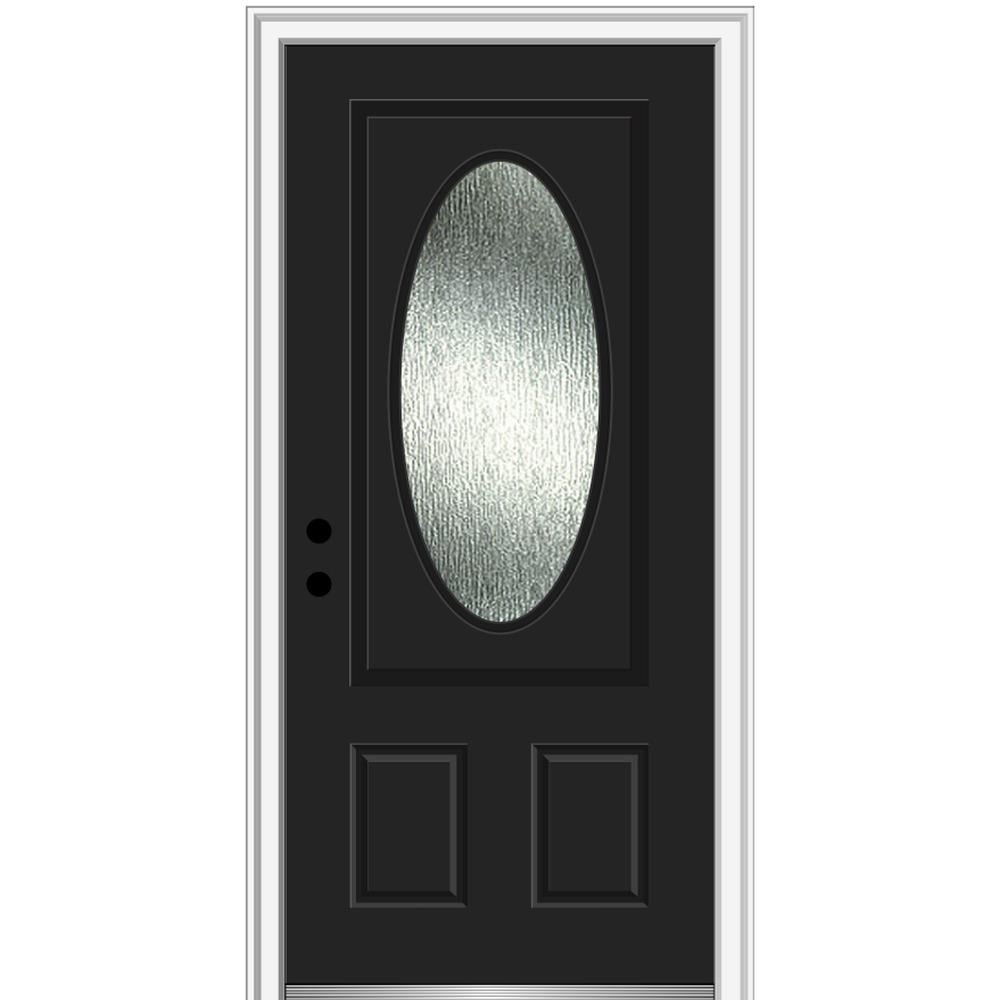 MMI DOOR ZZ367842R Rainglass 36-in x 80-in x 4-9/16-in Fiberglass Oval lite Right-hand inswing Black Painted Prehung Front Door with Brickmould Solid core