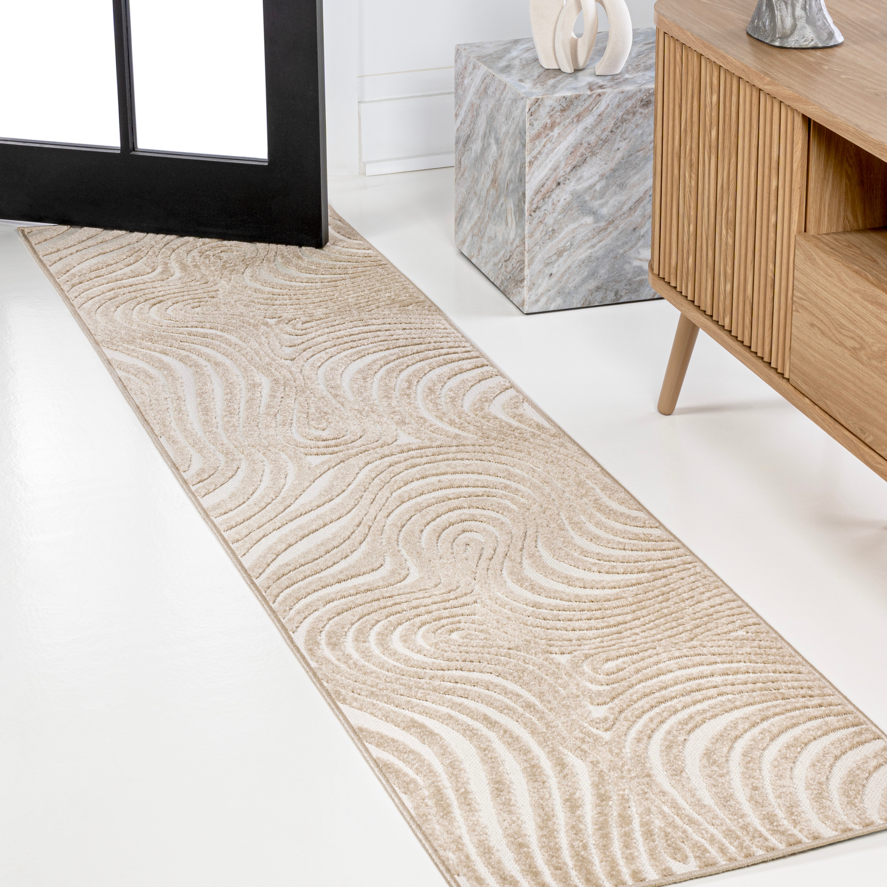 JONATHAN  Y SCN103D-28 SCANDINAVIAN Maribo High-Low Groovy 2 x 8 (ft) Loomed Polypropylene Beige/Cream Rectangular Indoor/Outdoor Stripe Bohemian/Eclectic Runner rug