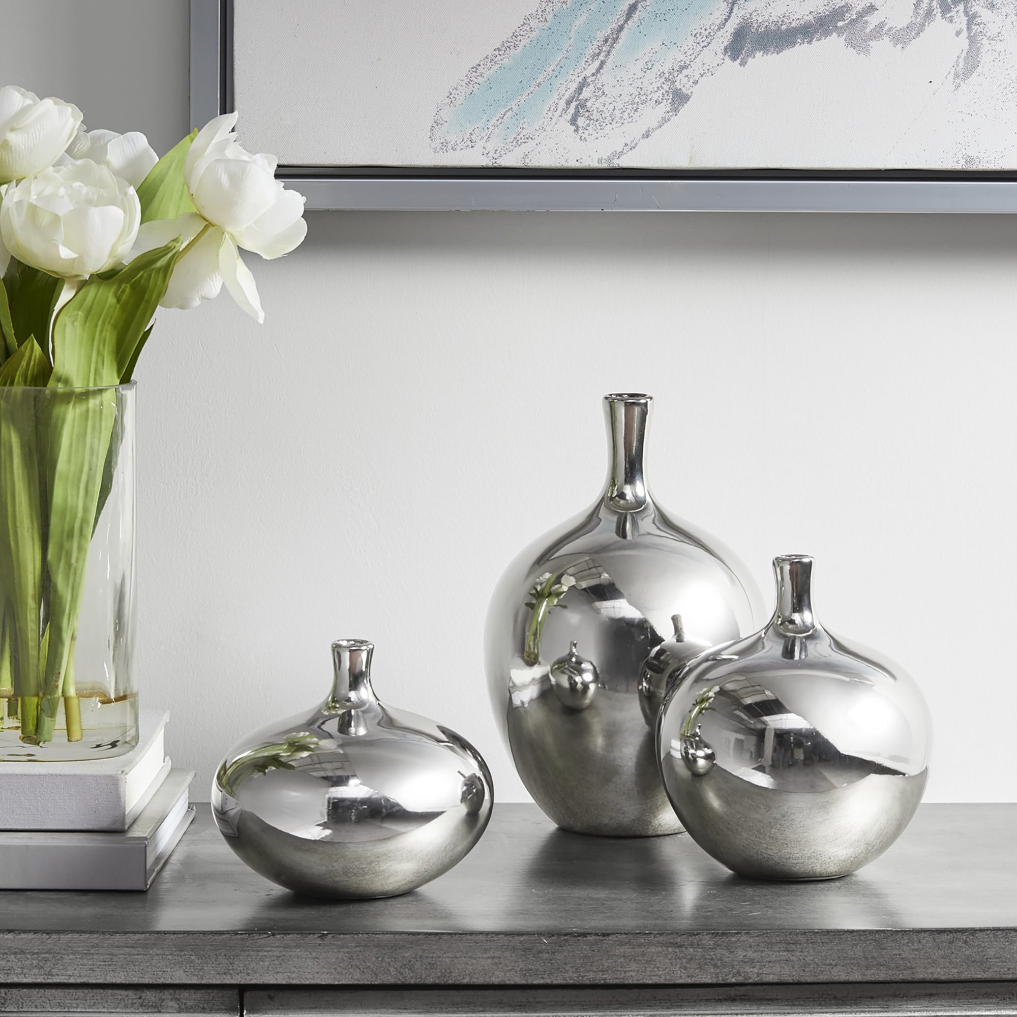 Madison Park Signature MPS162-347 3 -Pack Silver Ceramic Art deco Vase