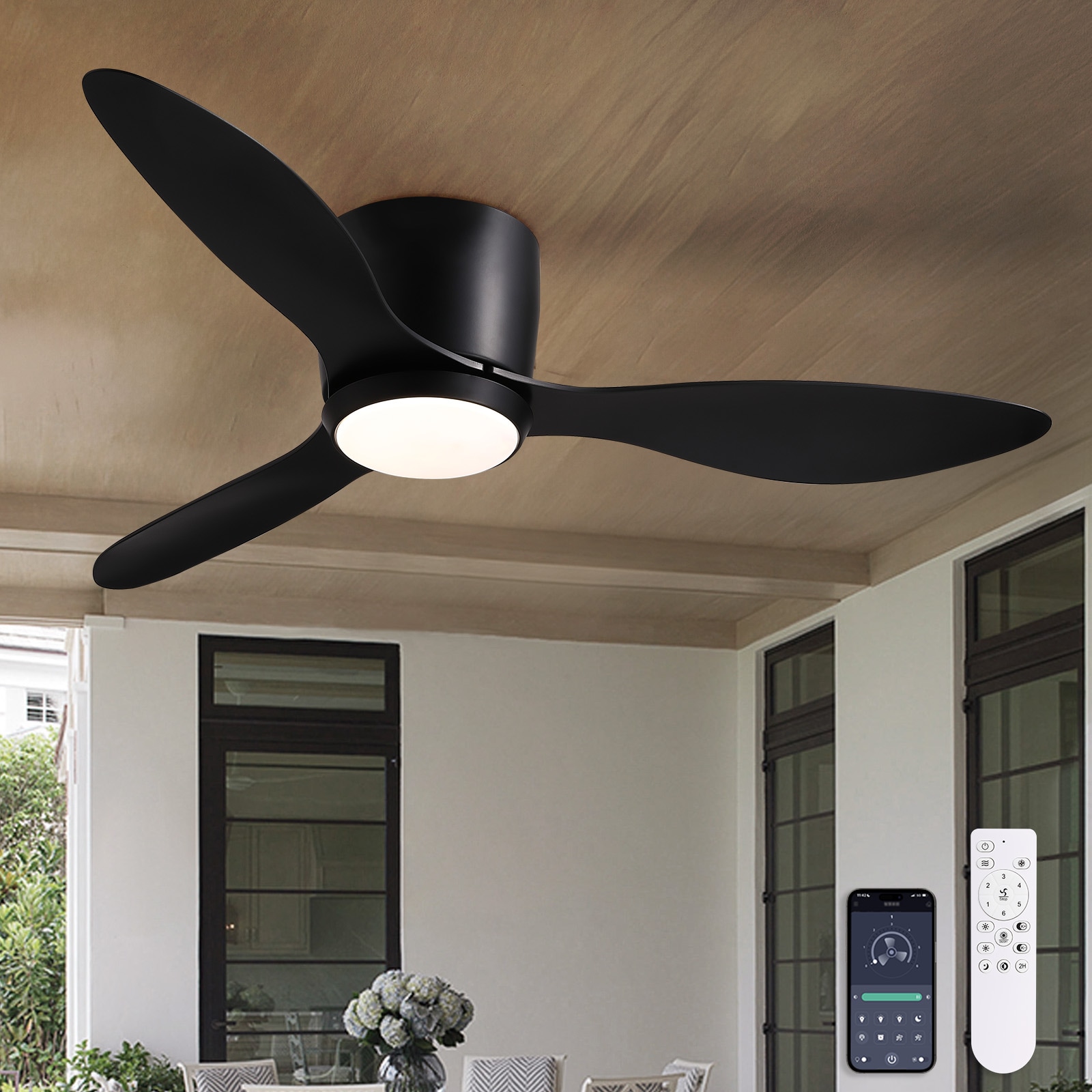 SILJOY CFL-1162-02 42-in Black Flush Mount Ceiling Fan with Light and Remote Control Include