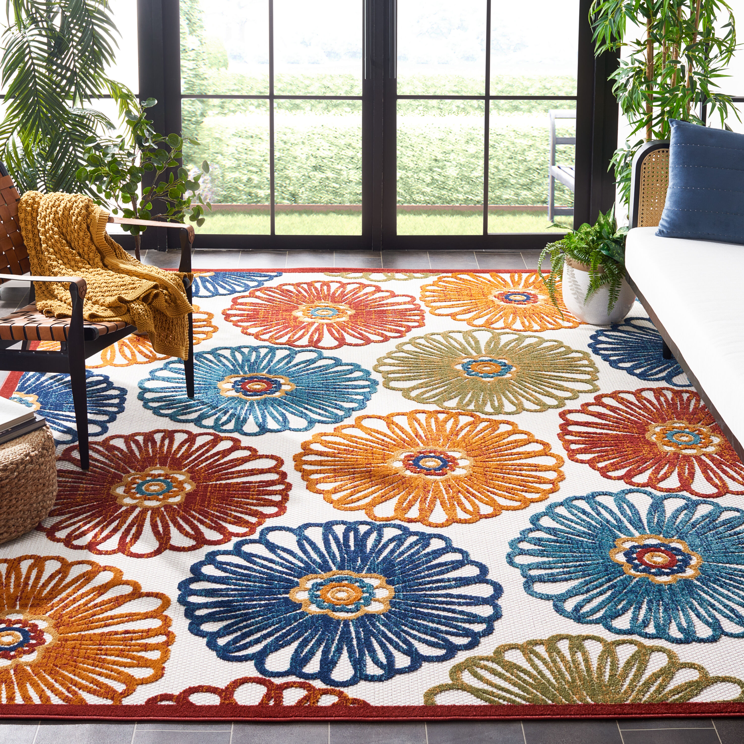 Safavieh CBN801A-8SQ Cabana 8 x 8 (ft) Synthetic Creme/Red Square Indoor/Outdoor Floral Tropical Area rug