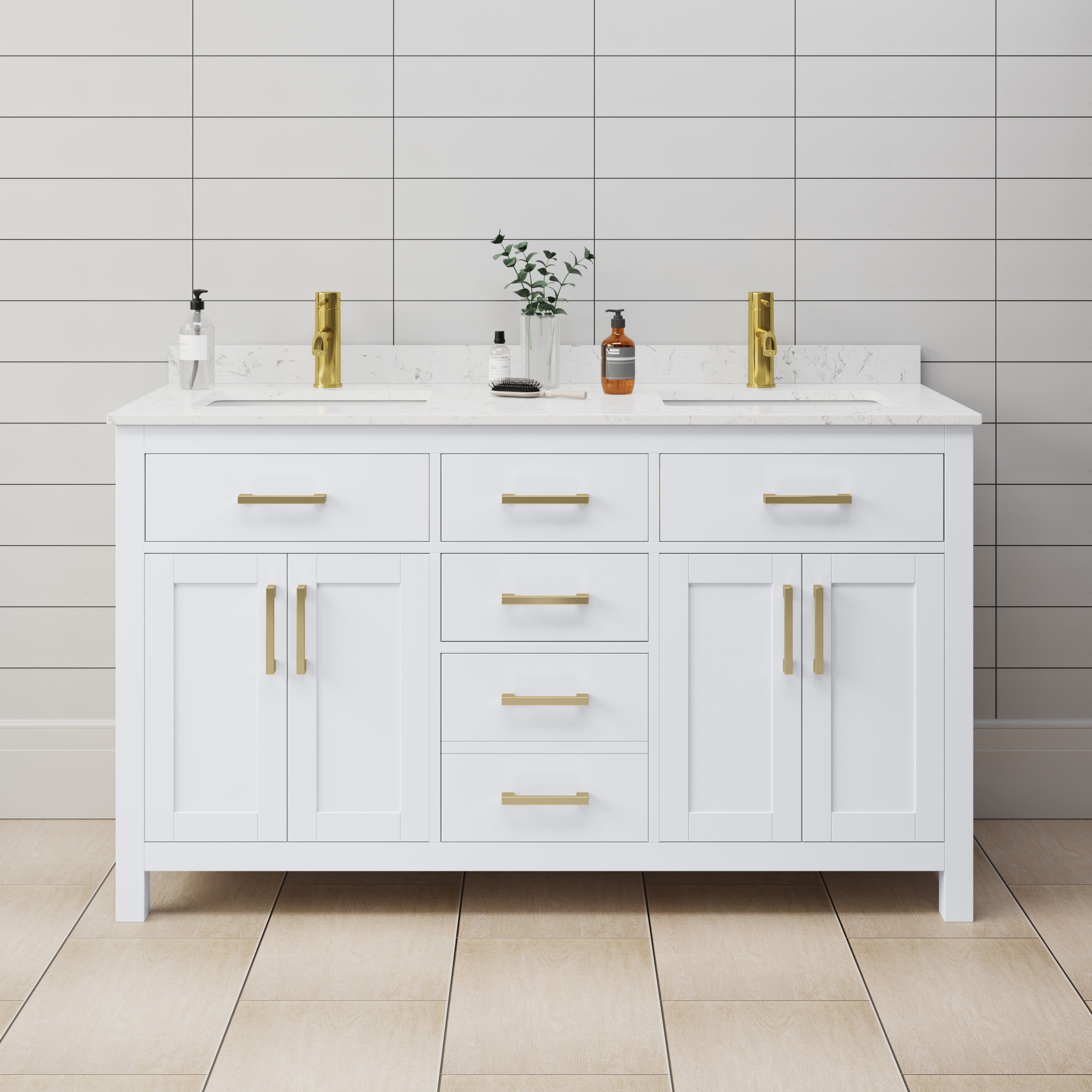Wyndham Collection WCG242460DWGCCUNSMXX Beckett 60-in White with Brushed Gold Trim Undermount Double sink Bathroom Vanity with Carrara Cultured Marble Cultured marble Top