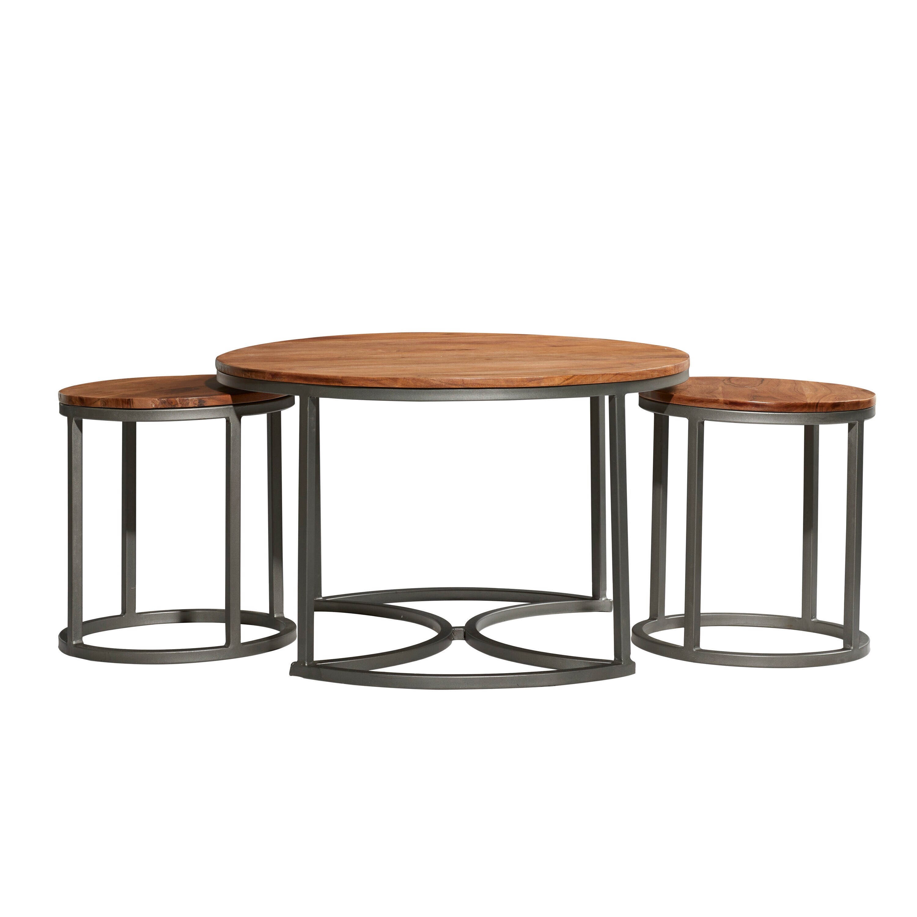Contemporary Round Wood & Metal Nesting Coffee Table Set