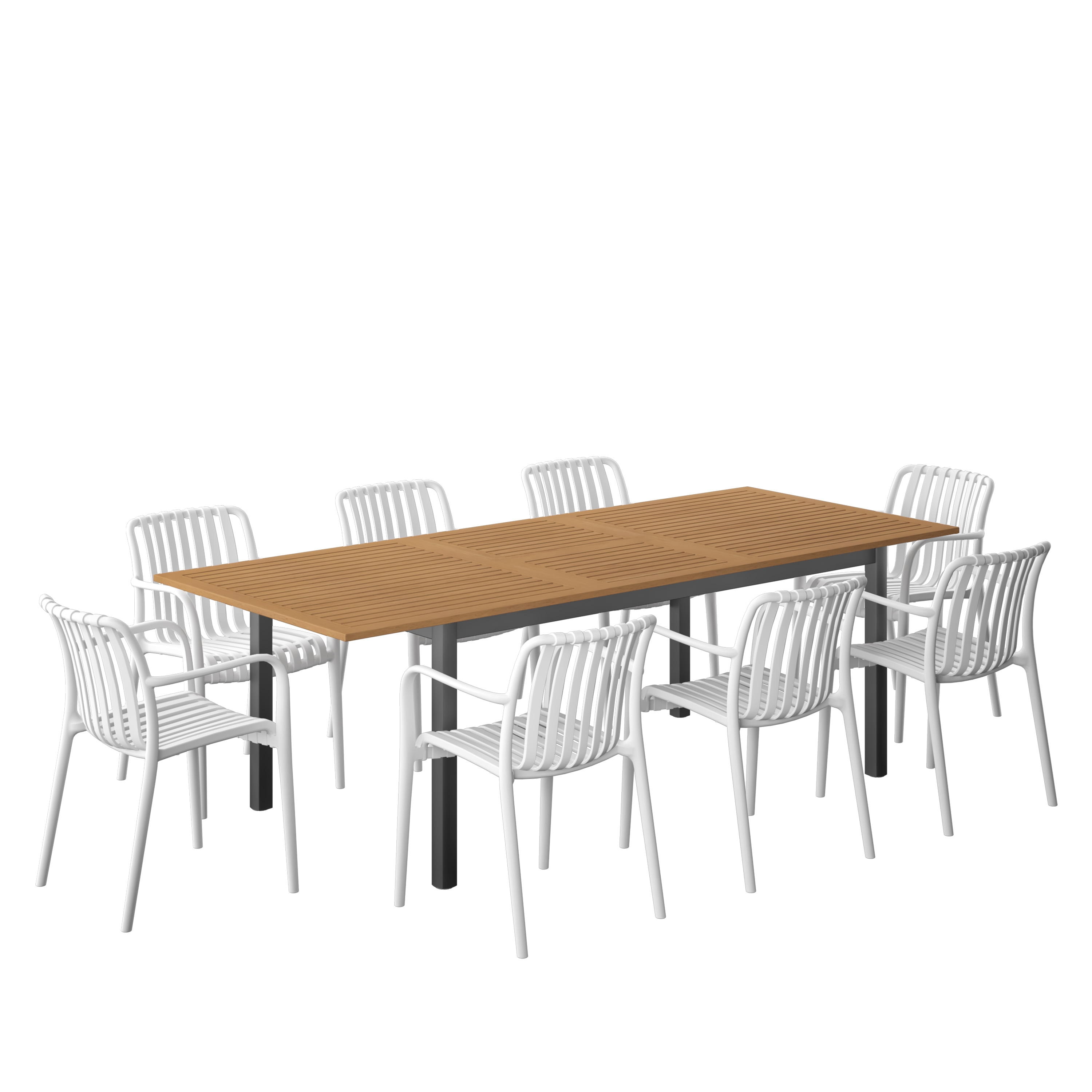 Amazonia LWS-IBIS-8-CURA-WHT 9 -Piece Wood Patio Dining Set Extendable Table Wood Rectangle Table with 8 Stackable Stationary and Motion Chairs
