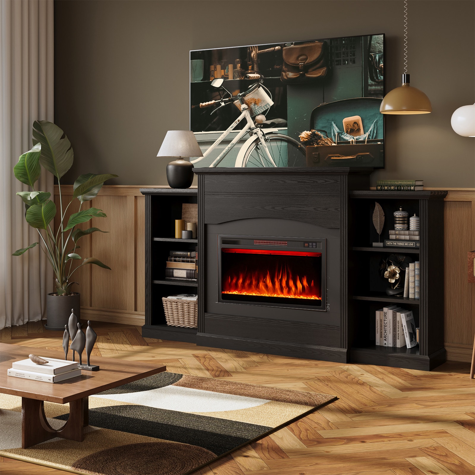 Bapipro TE01A318B 68-in W White TV Stand with Infrared quartz Flat wall Electric Fireplace with Remote Control Included