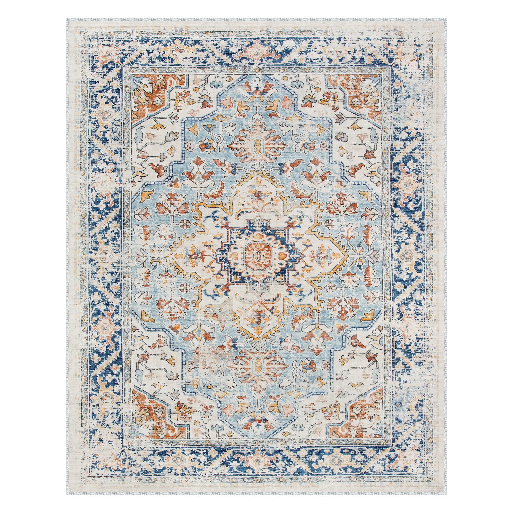 Lahome AR-DYRZP-010-BL1 5 x 7 (ft) Blue Large Floral Border Contrast Short Pile Velvet Rectangular Indoor Area Rug