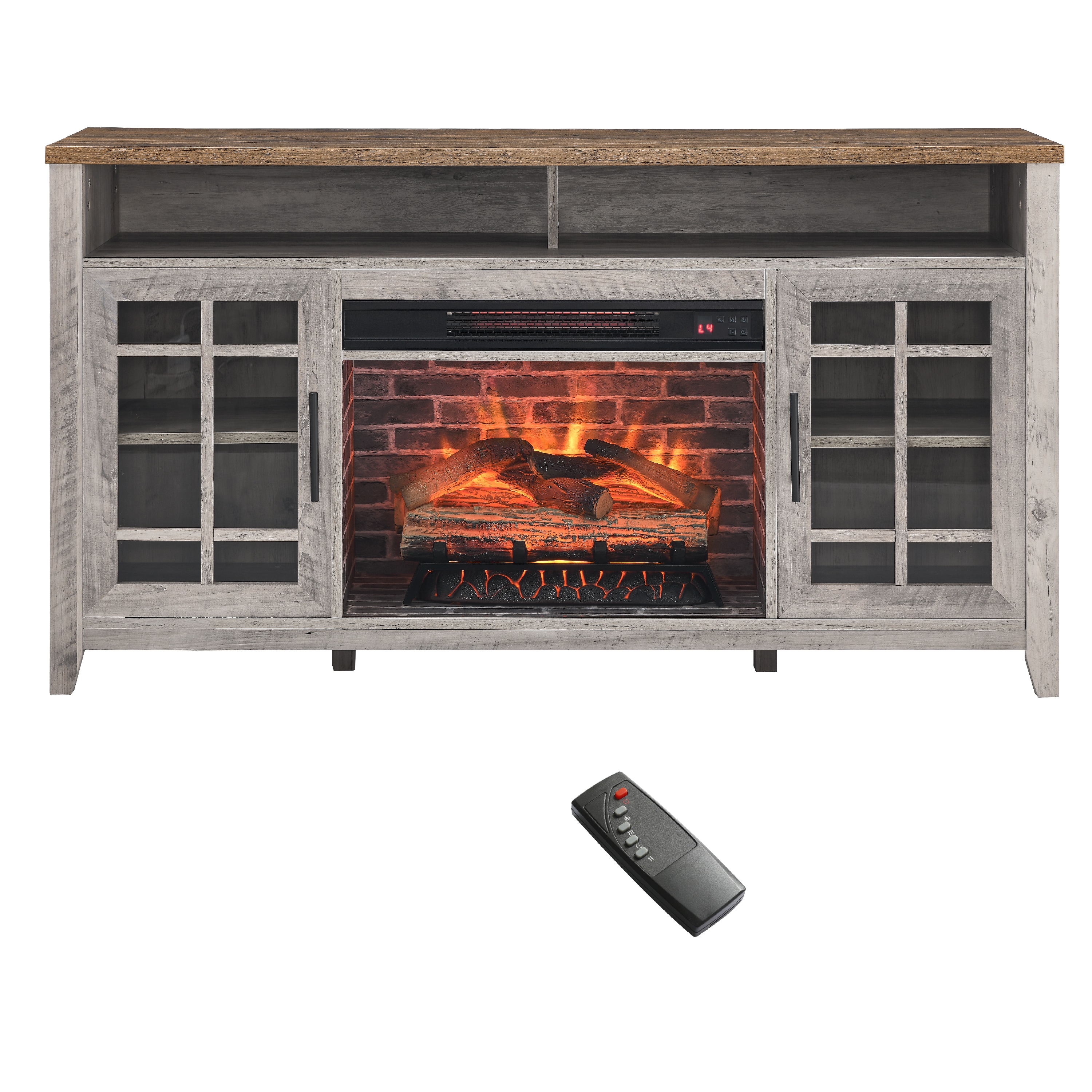 LOVMOR 55 Inch Tv Media Stand With Electric Fireplace Kd Inserts Heater Gray Wash Color