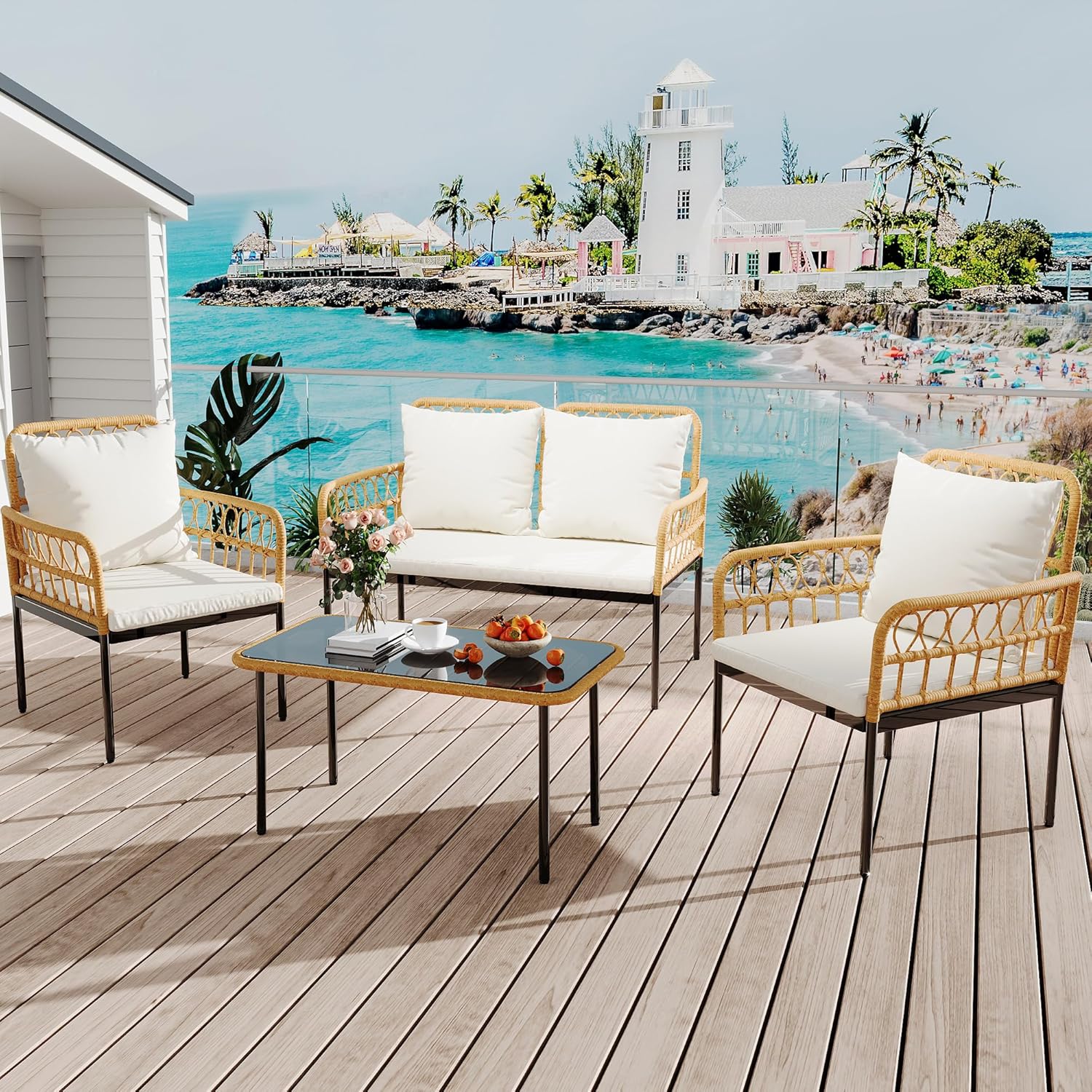 Qeetex LHF-DYQ-PHO-34U67U3E 4 Piece Outdoor Patio Furniture Set Loveseat 2 Armchairs with Glass-Top Table Weather-Resistant Rattan Conversation Set for Patio Balcony Apartment Porch